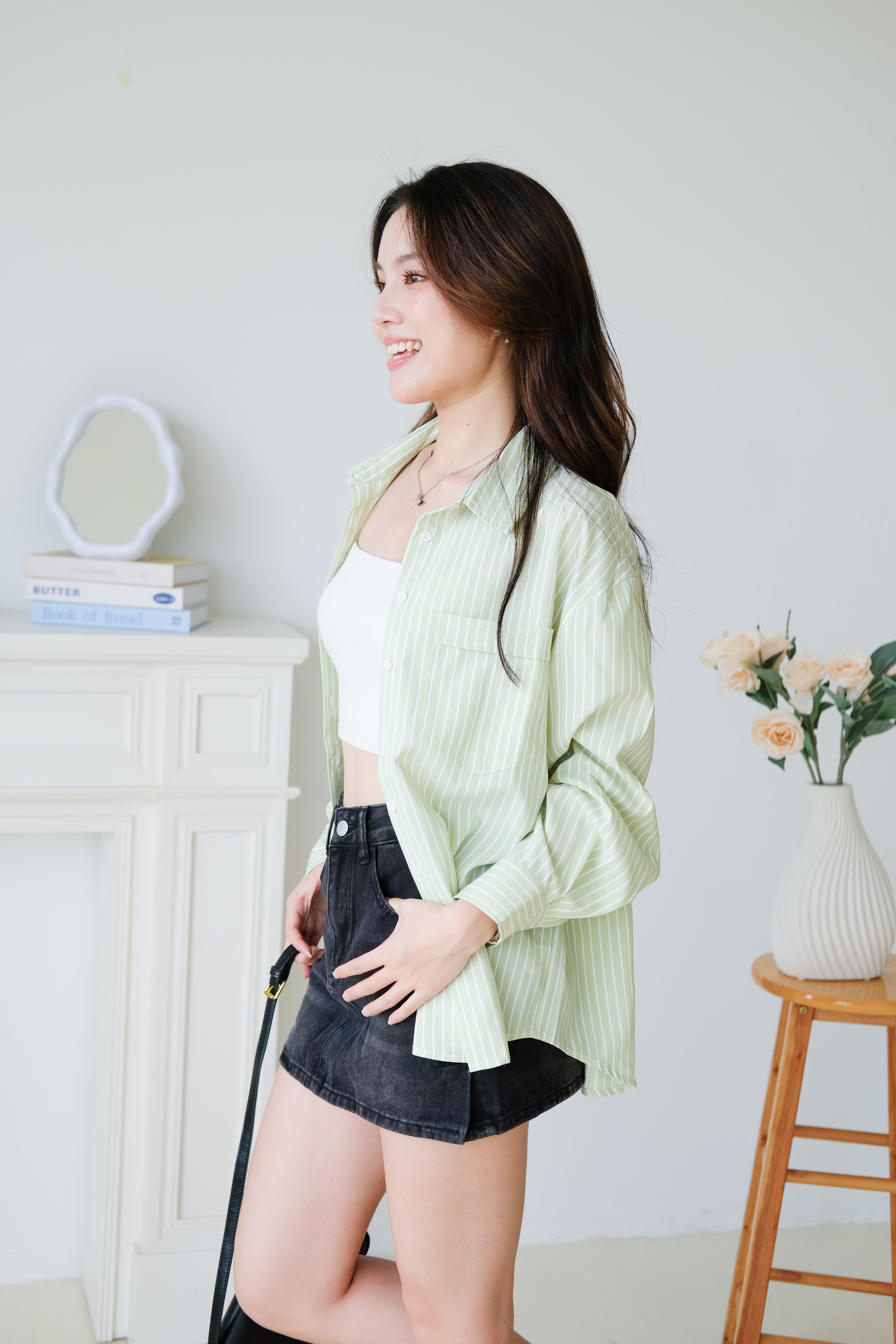 Wayne Stripes Boyfriend Shirts (Apple Green)