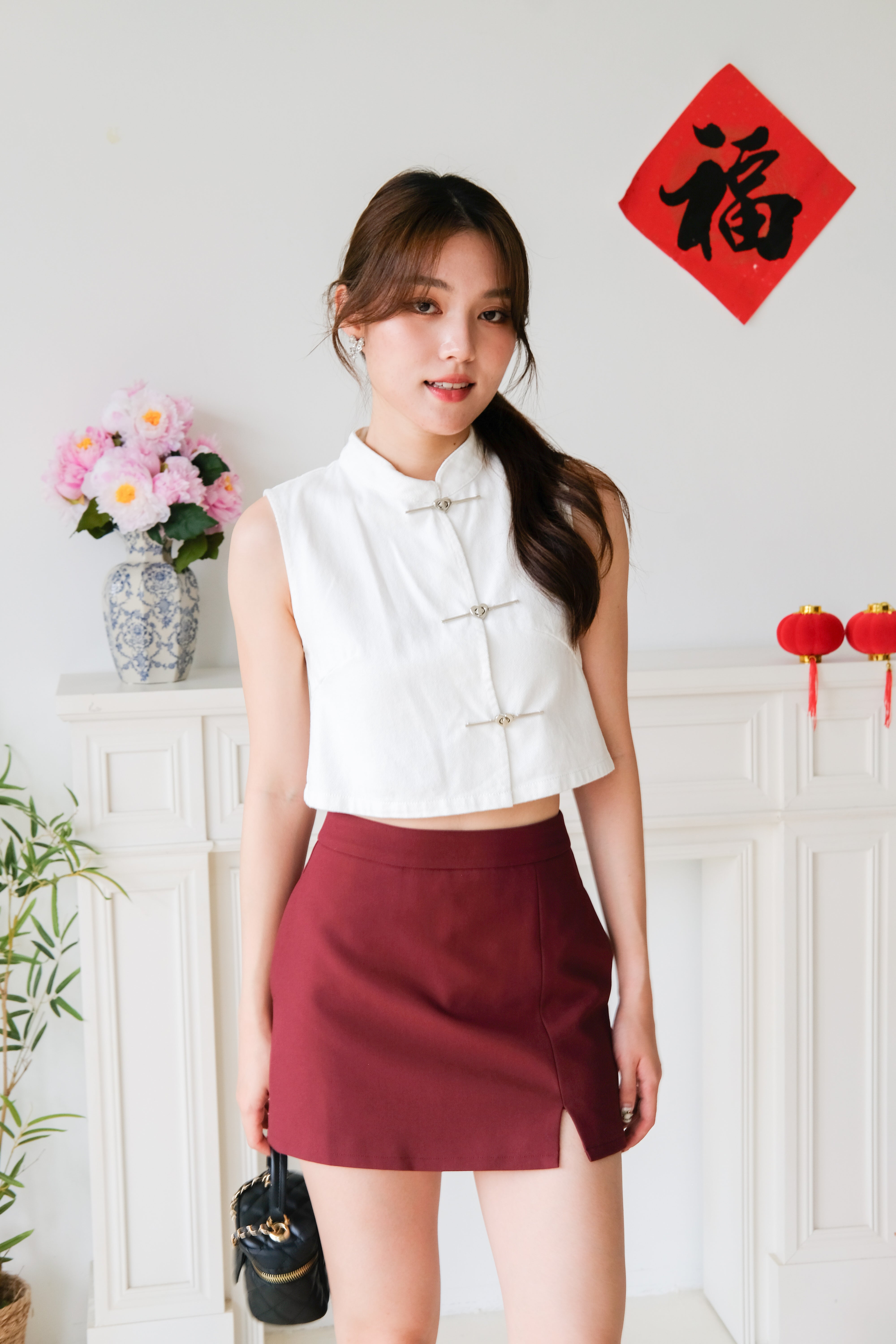 Andrea Denim Cheongsam Crop (White)