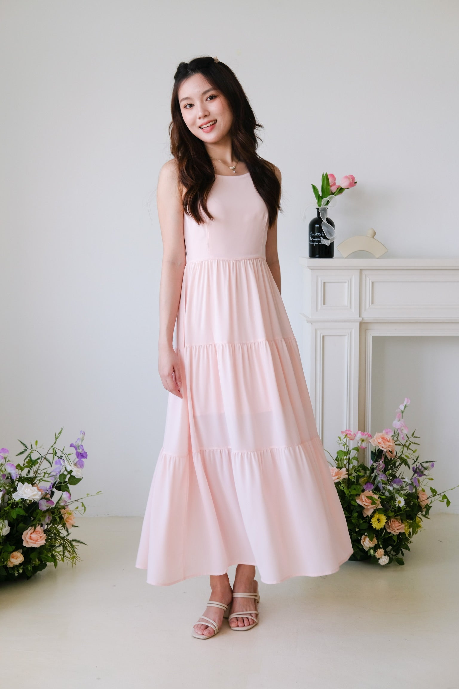 Bernice Boatneck Tiered Maxi Dress (Peach Pink)