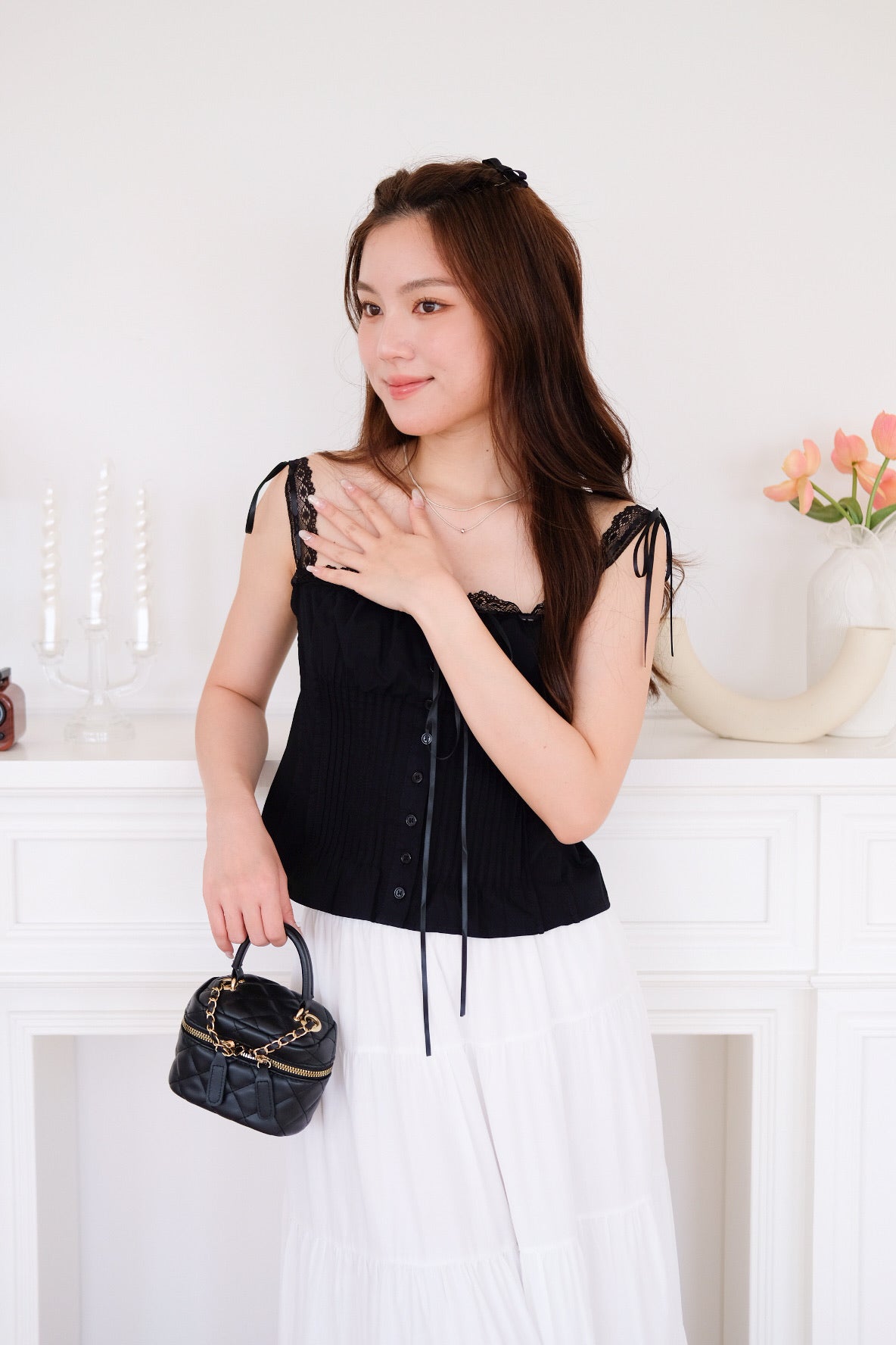 Vonnie Lace Pleated Top (Black) [ETA 12 Sept]