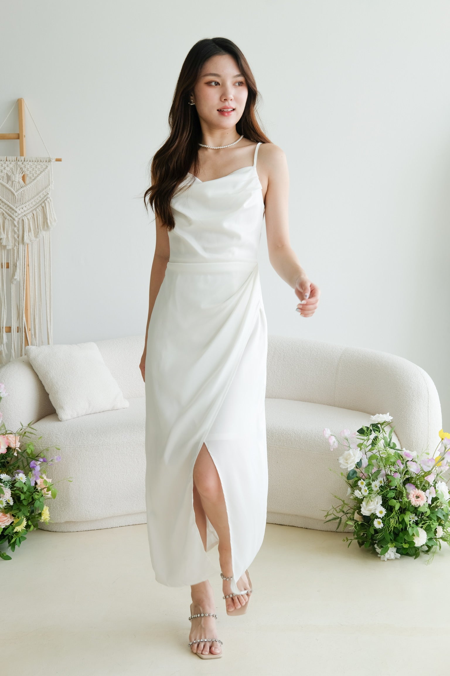 Sheryl Draped Satin Maxi Dress (Pearl White)