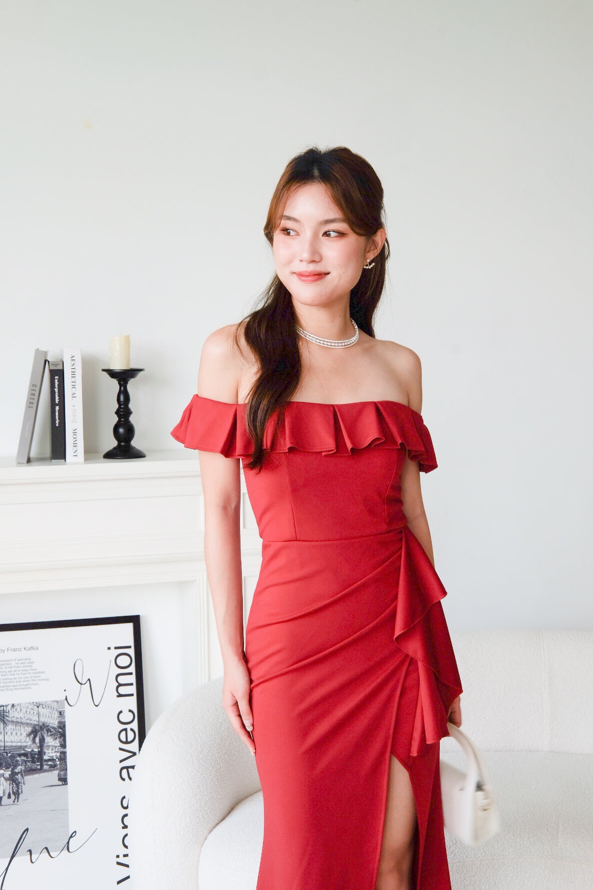 Dione Off Shoulder Slit Dinner Maxi Dress (Wine)