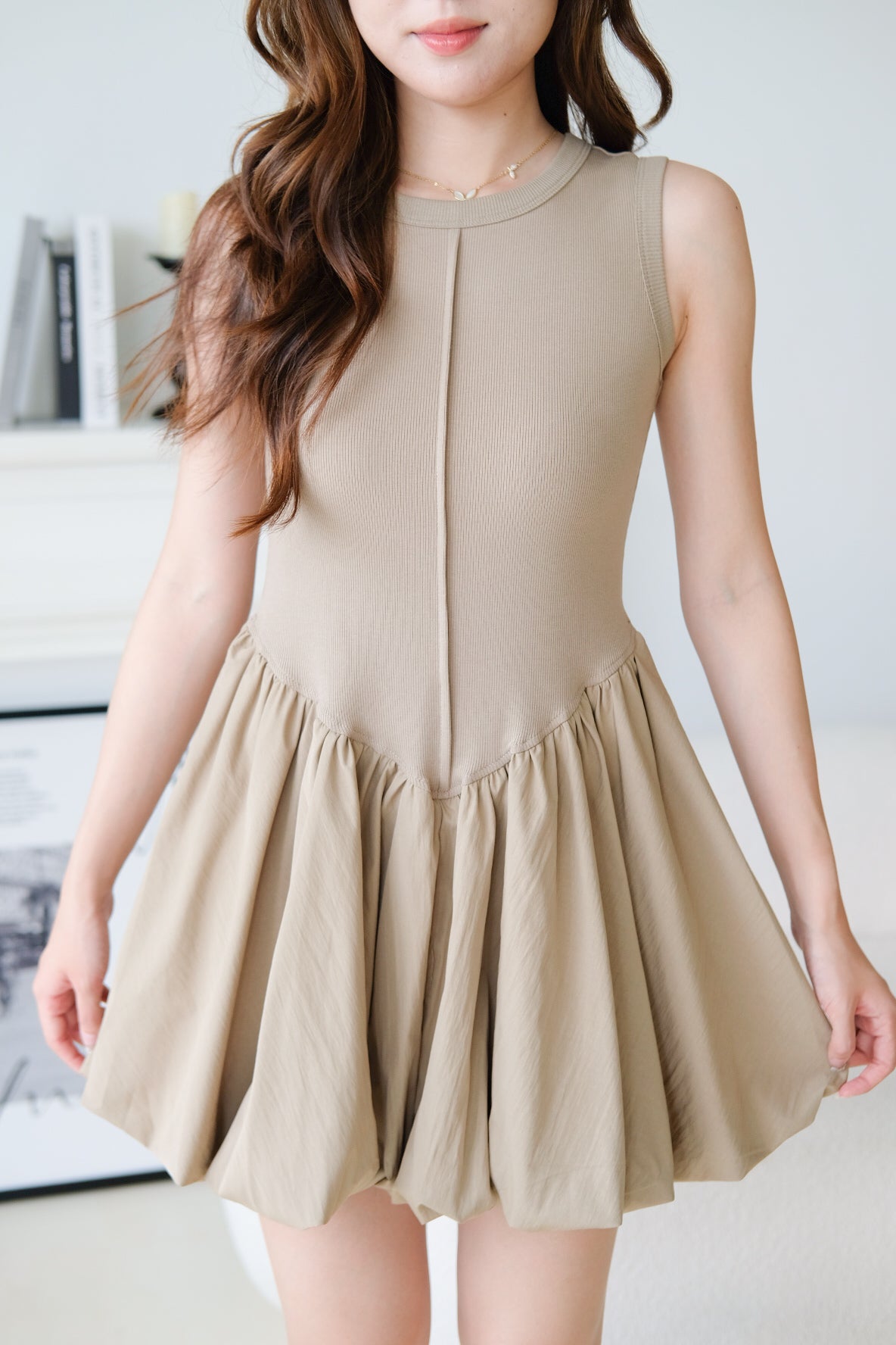 Carmen Ribbed Bubble Dress (Olive)