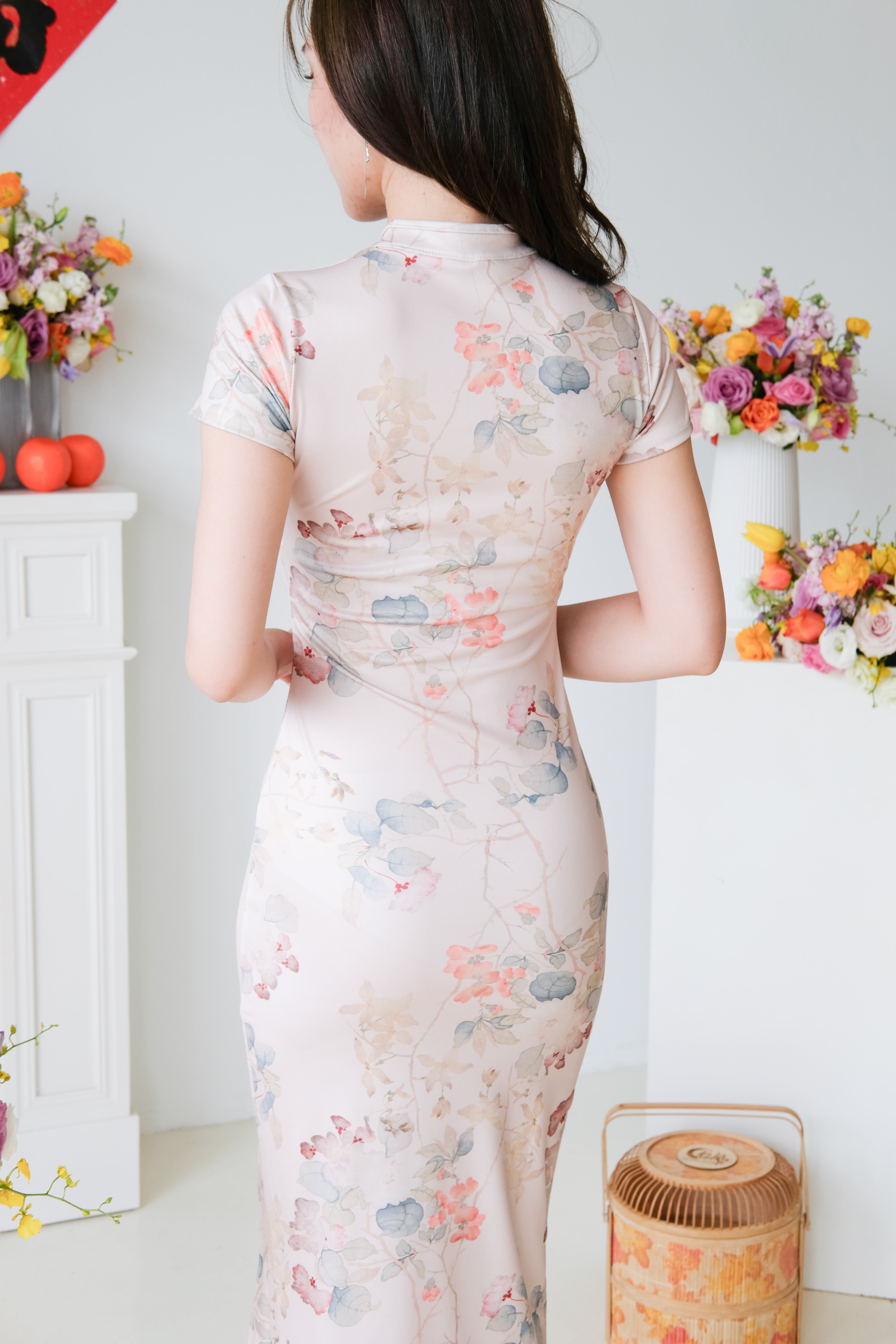 Yinghua Floral Slit Midi Cheongsam (Light Pink)