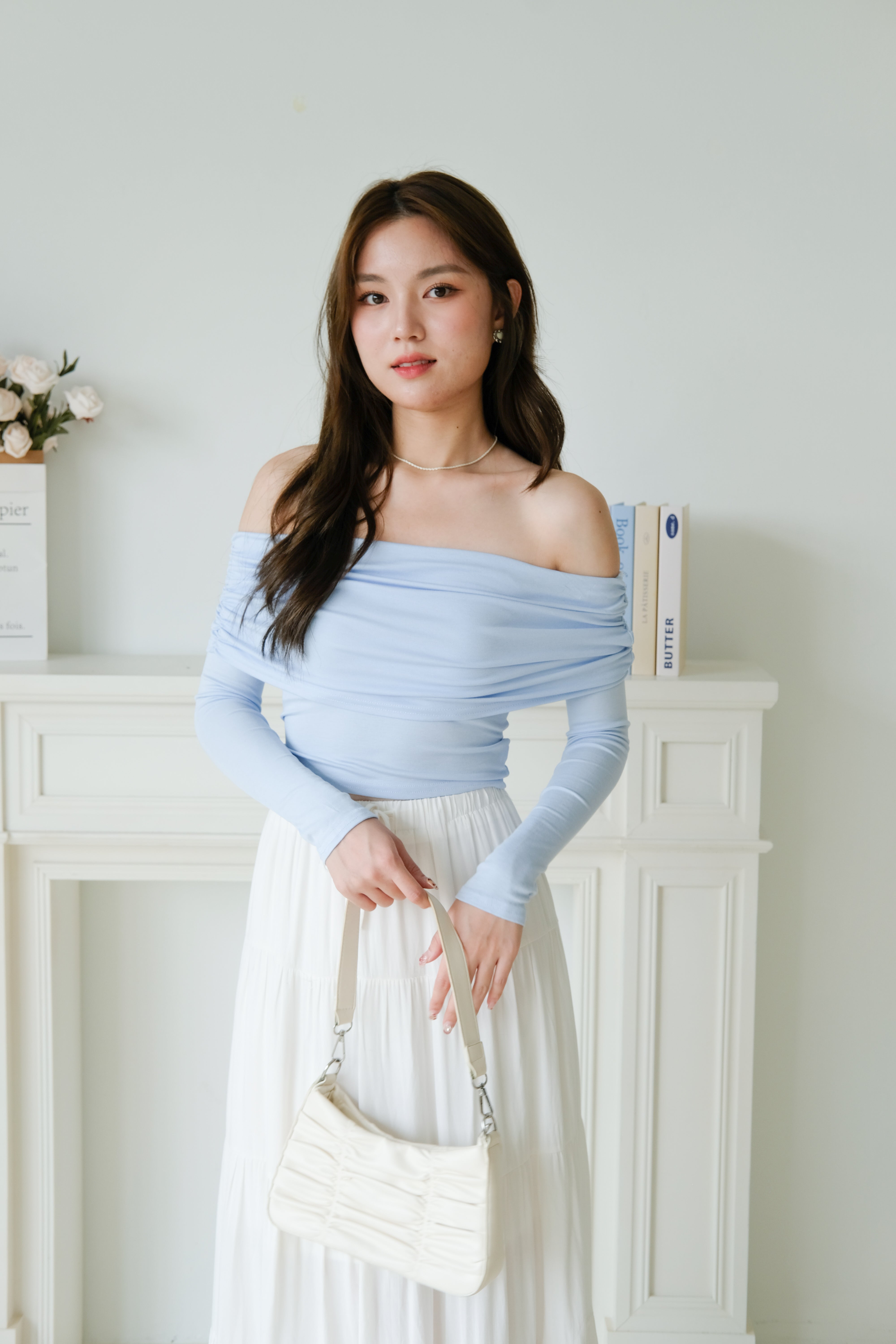 Juliette Overlap Off Shoulder Top (Baby Blue)