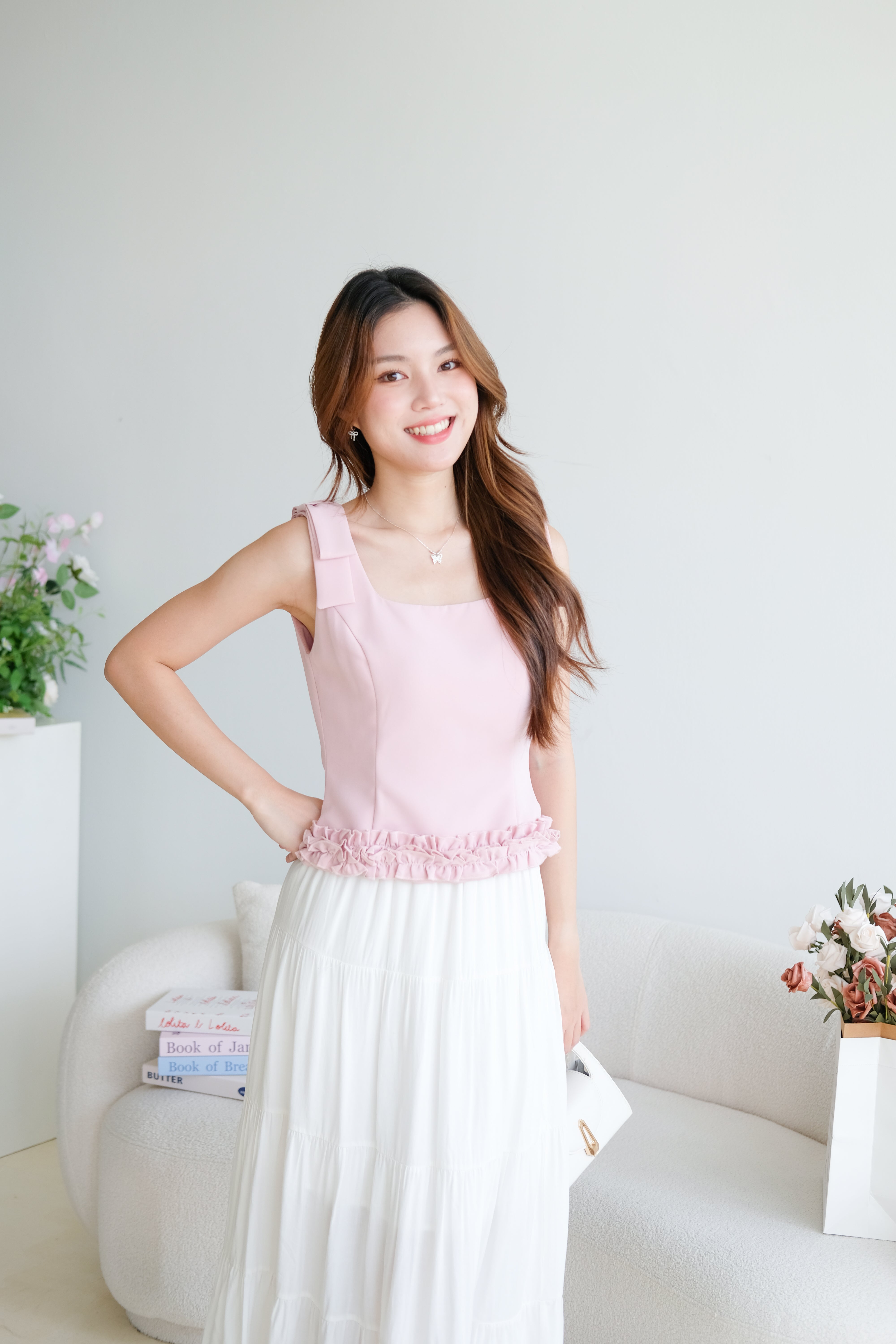 Cecilia Bow Straps Ruffle Top (Dusty Pink)