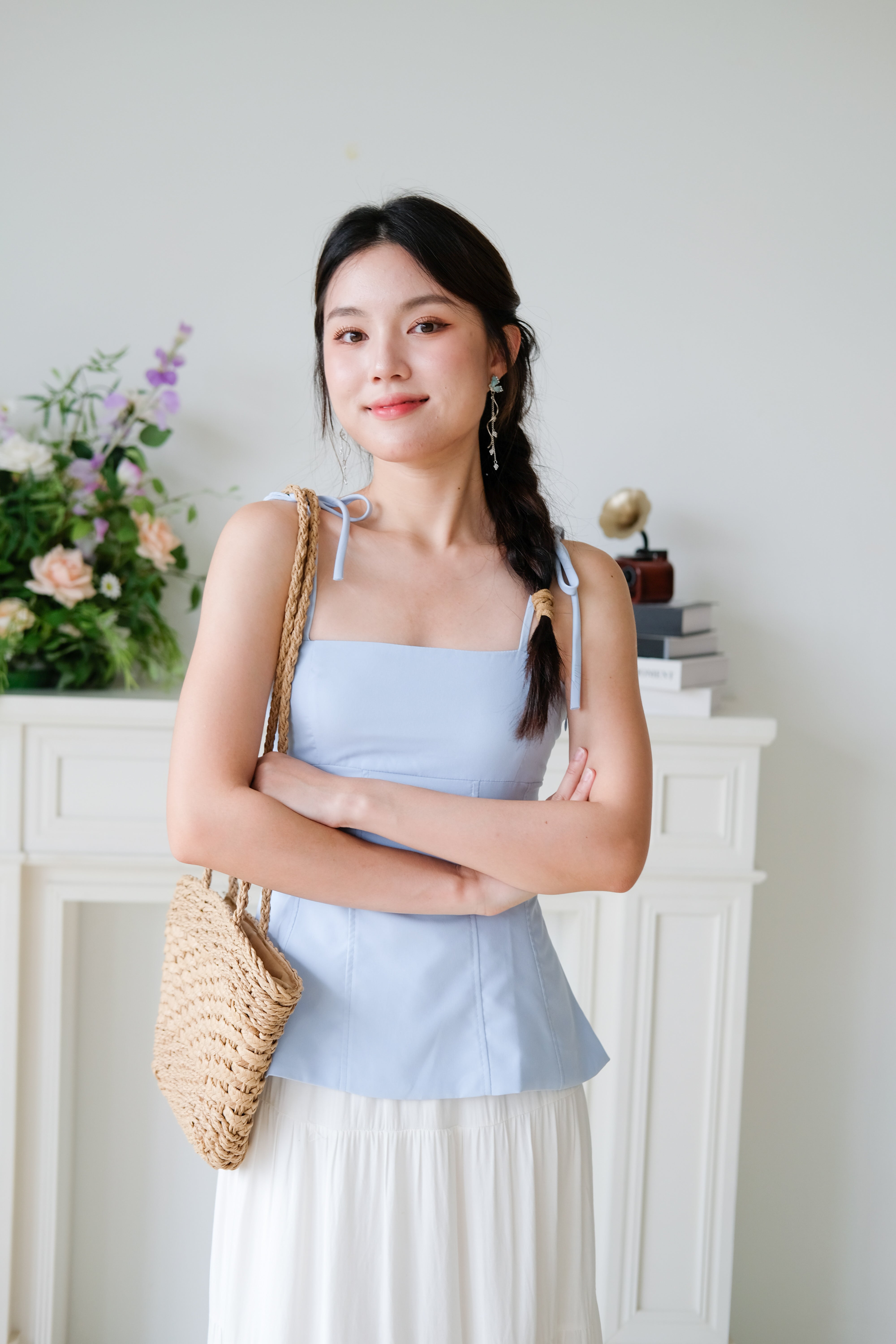 Marilyn Self Tie Ribbon Top (Plain Blue)