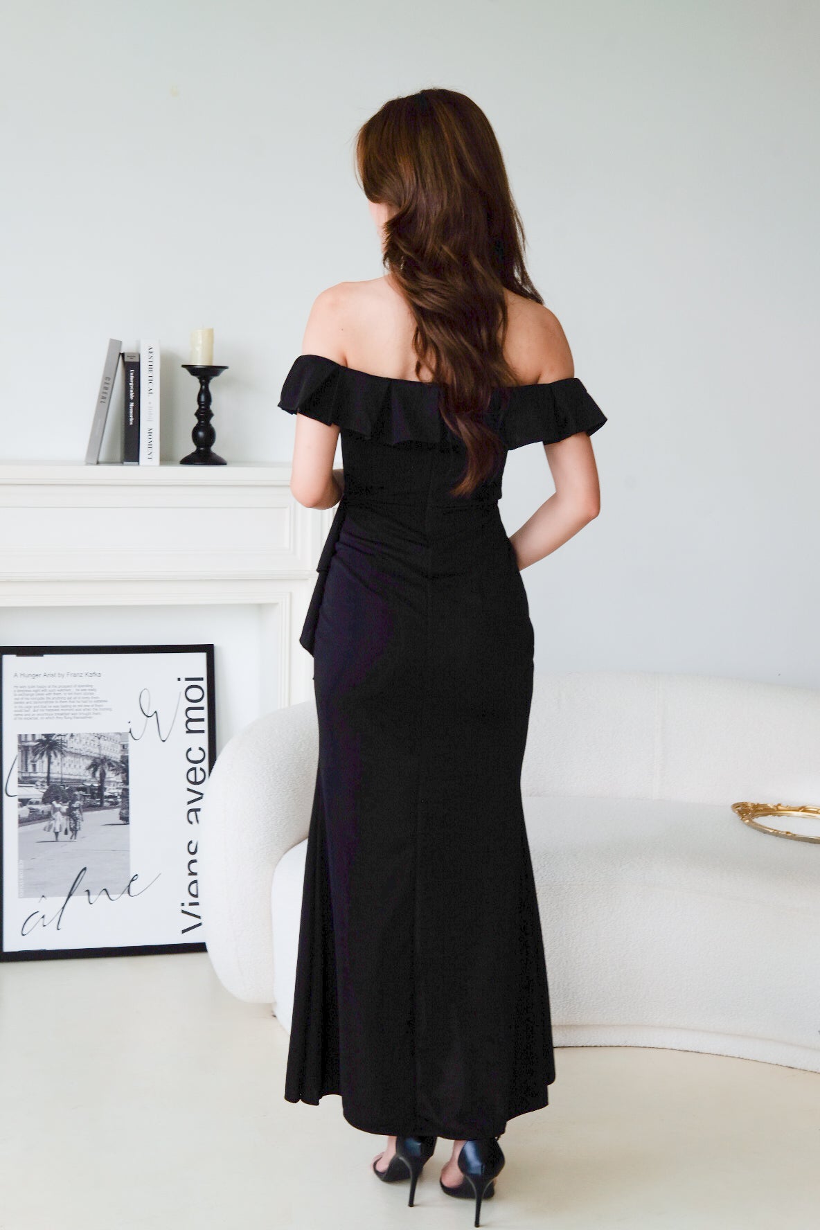 Dione Off Shoulder Slit Dinner Maxi Dress (Black)