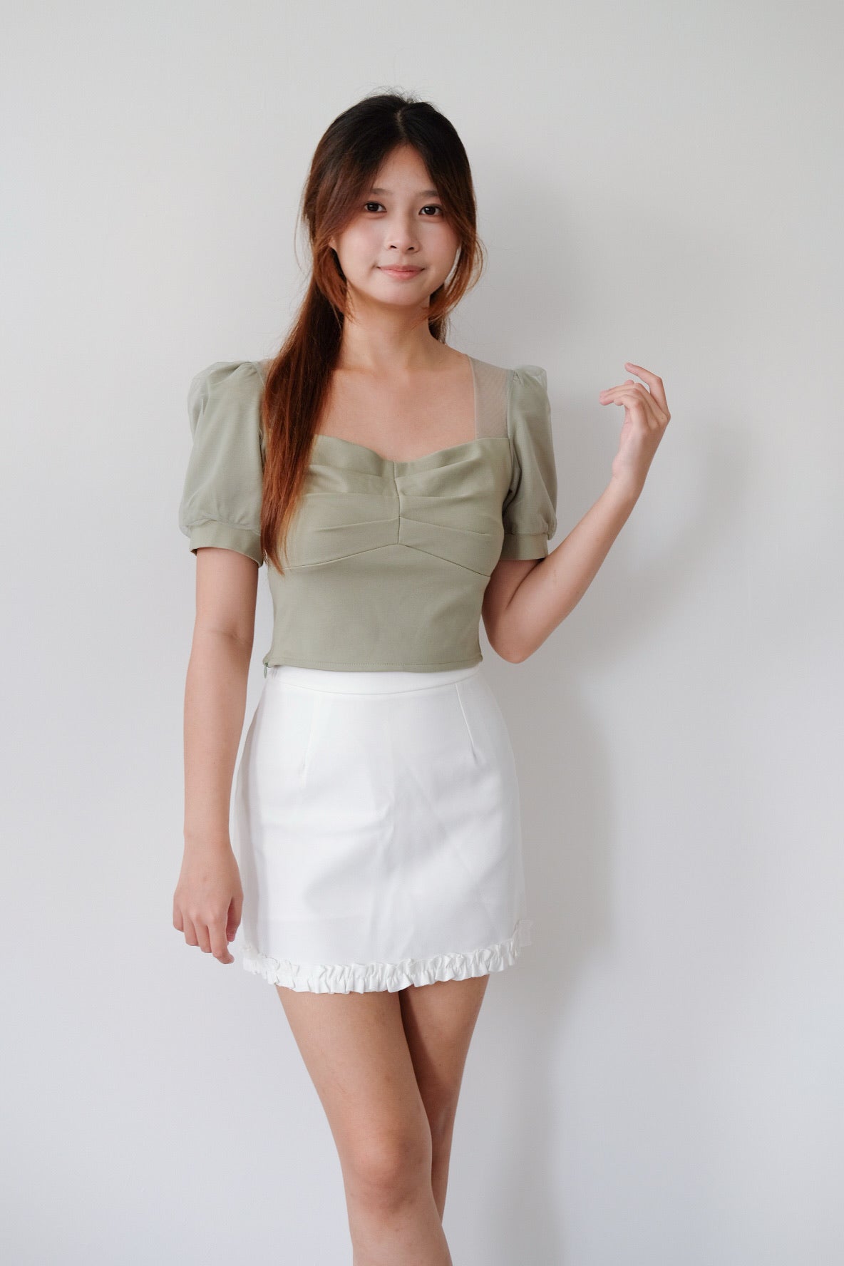 Green Ruched Puff Sleeve Top