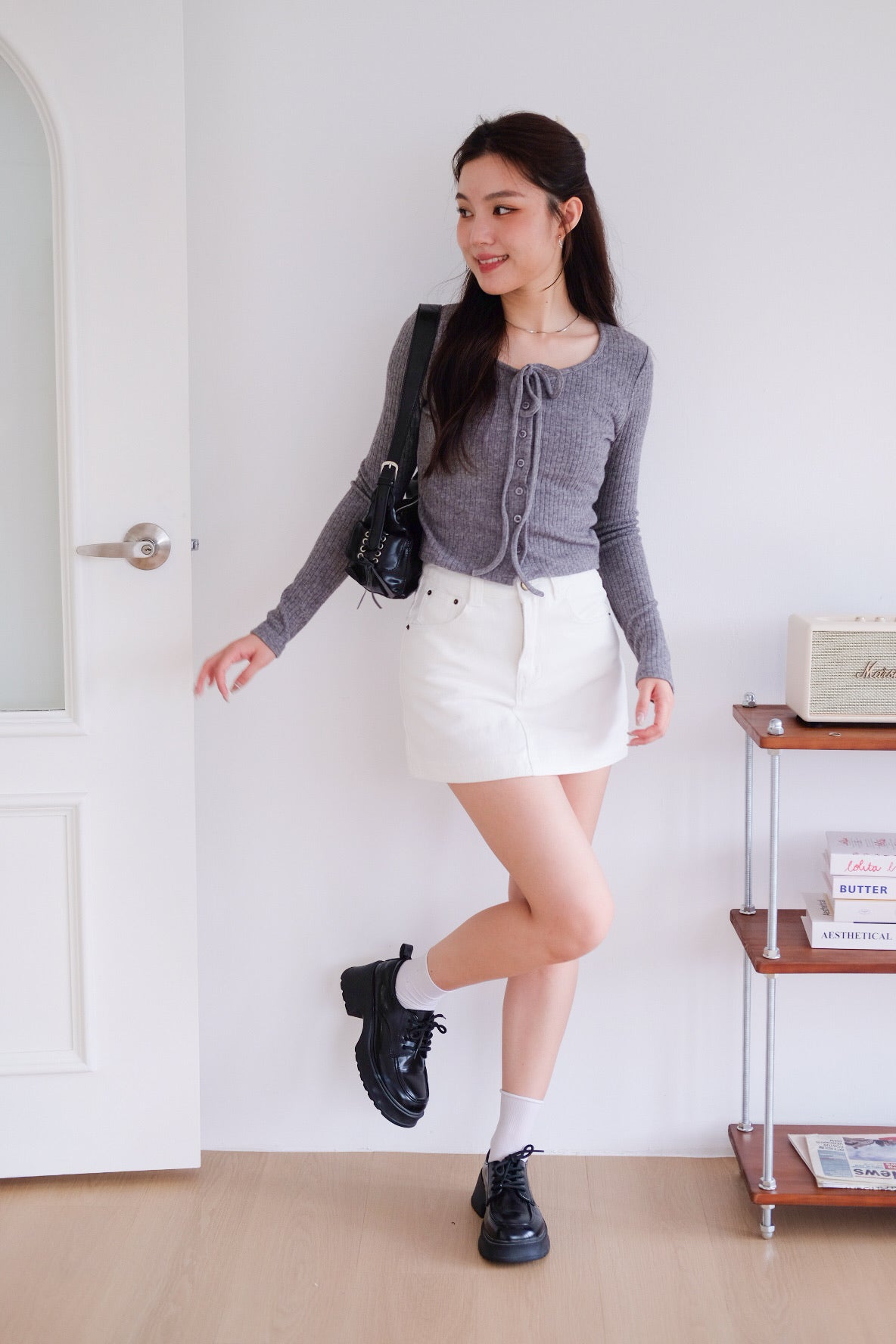 Coco Ribbon Long Sleeve Knit Top (Grey)