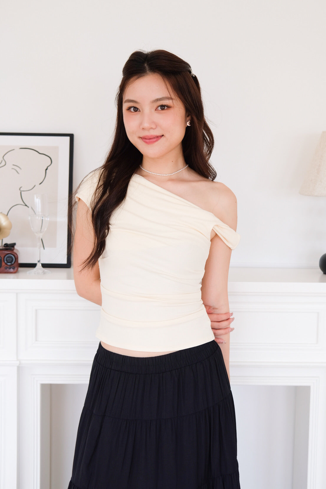 Deborah One Shoulder Ruched Top (Pale Yellow)