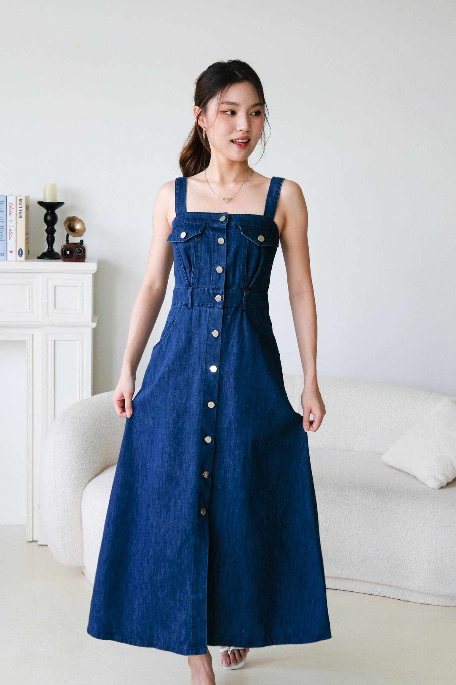 Ean Button Down Denim Maxi Dress (Dark Blue)