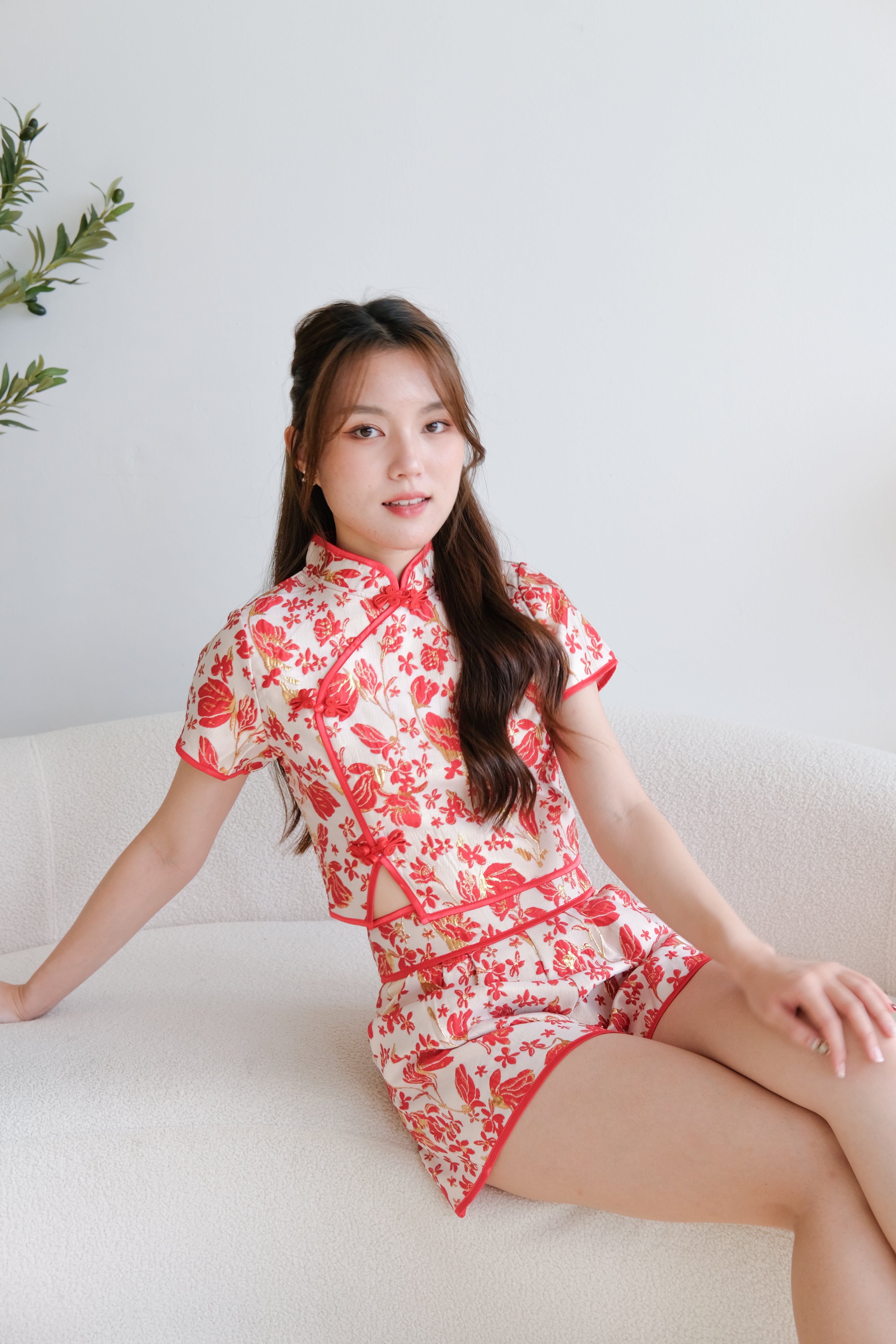 Ming Contrast Cheongsam Set (Red)