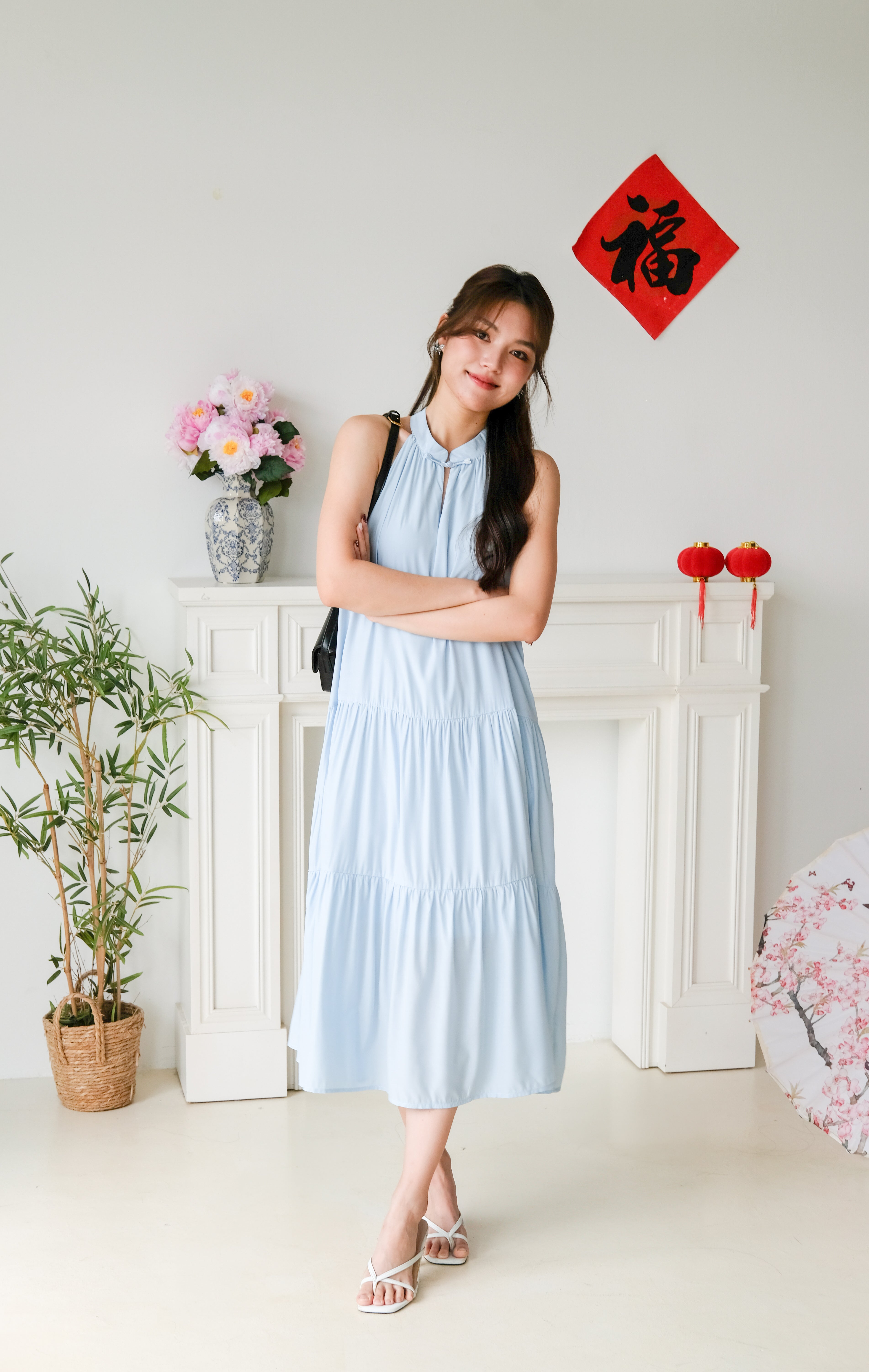 Qi Mandarin Collar Babydoll Tiered Dress (Sky Blue)