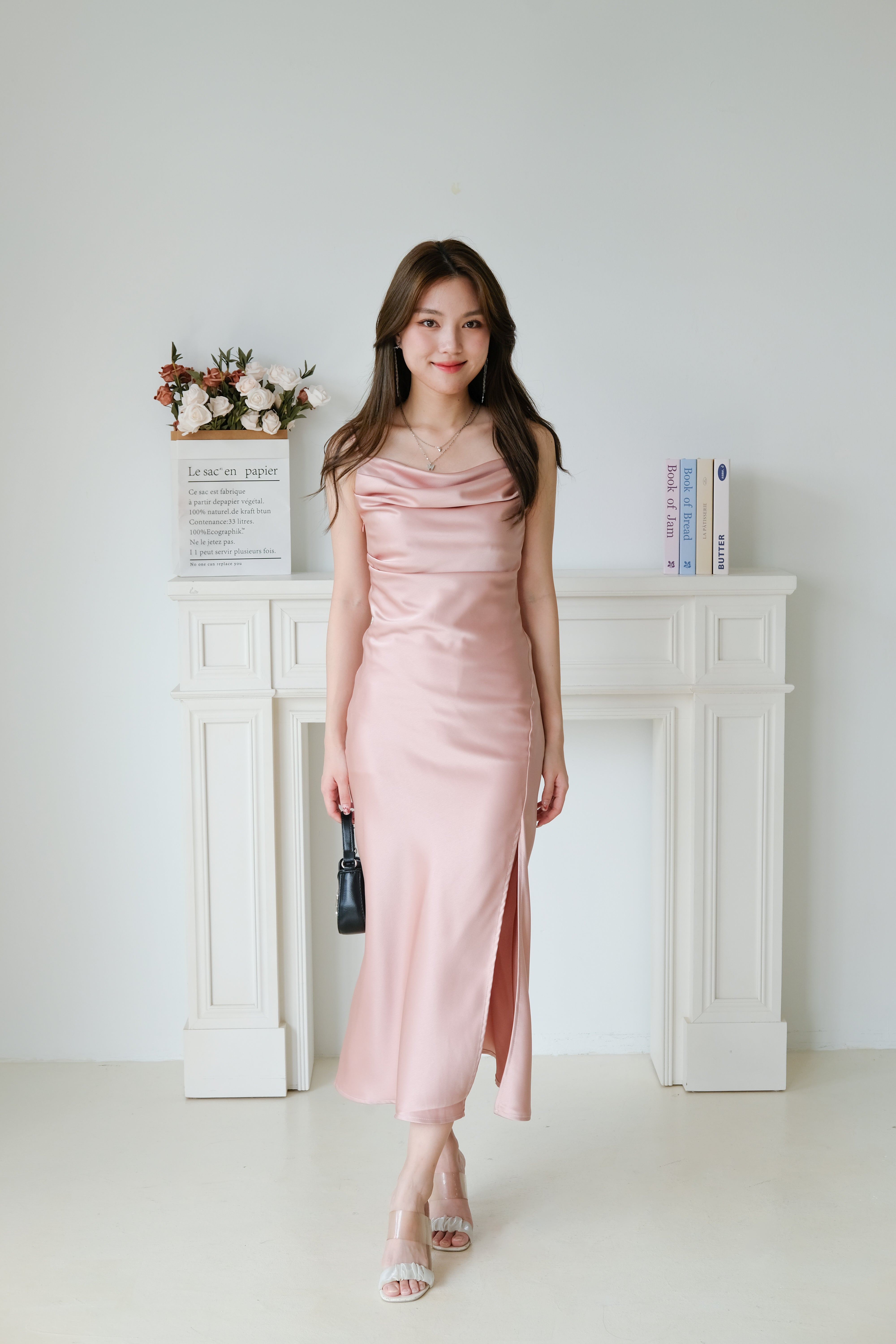 Angel Draped Mermaid Satin Midi Dress (Dusty Pink)