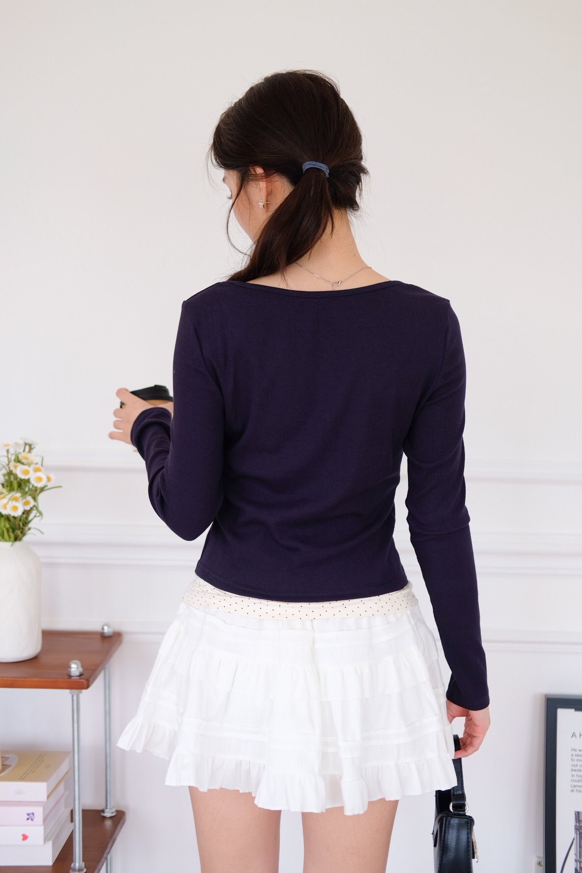 Ahyeon Contrast Polka Long Sleeve Top (Navy Blue)