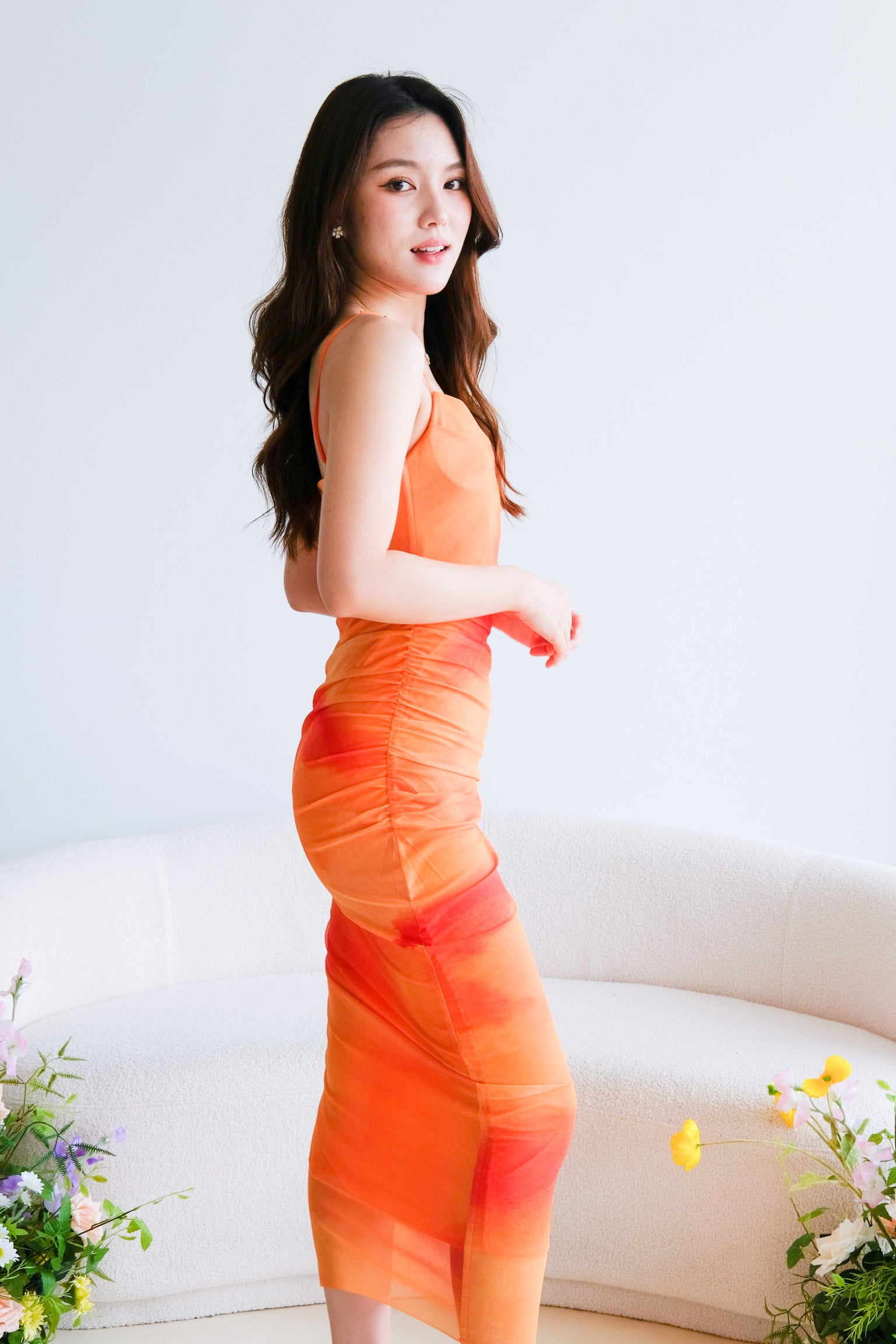 Lindsay Ombre Cowl Mesh Dress (Tangerine)