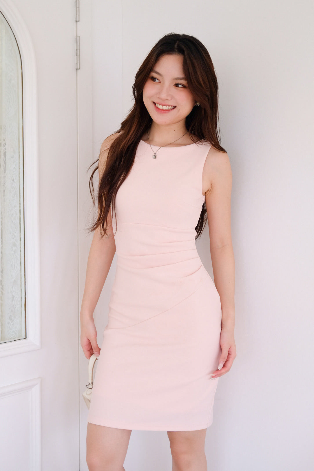 Annette Boatneck Ruched Midi Dress (Berry Pink)