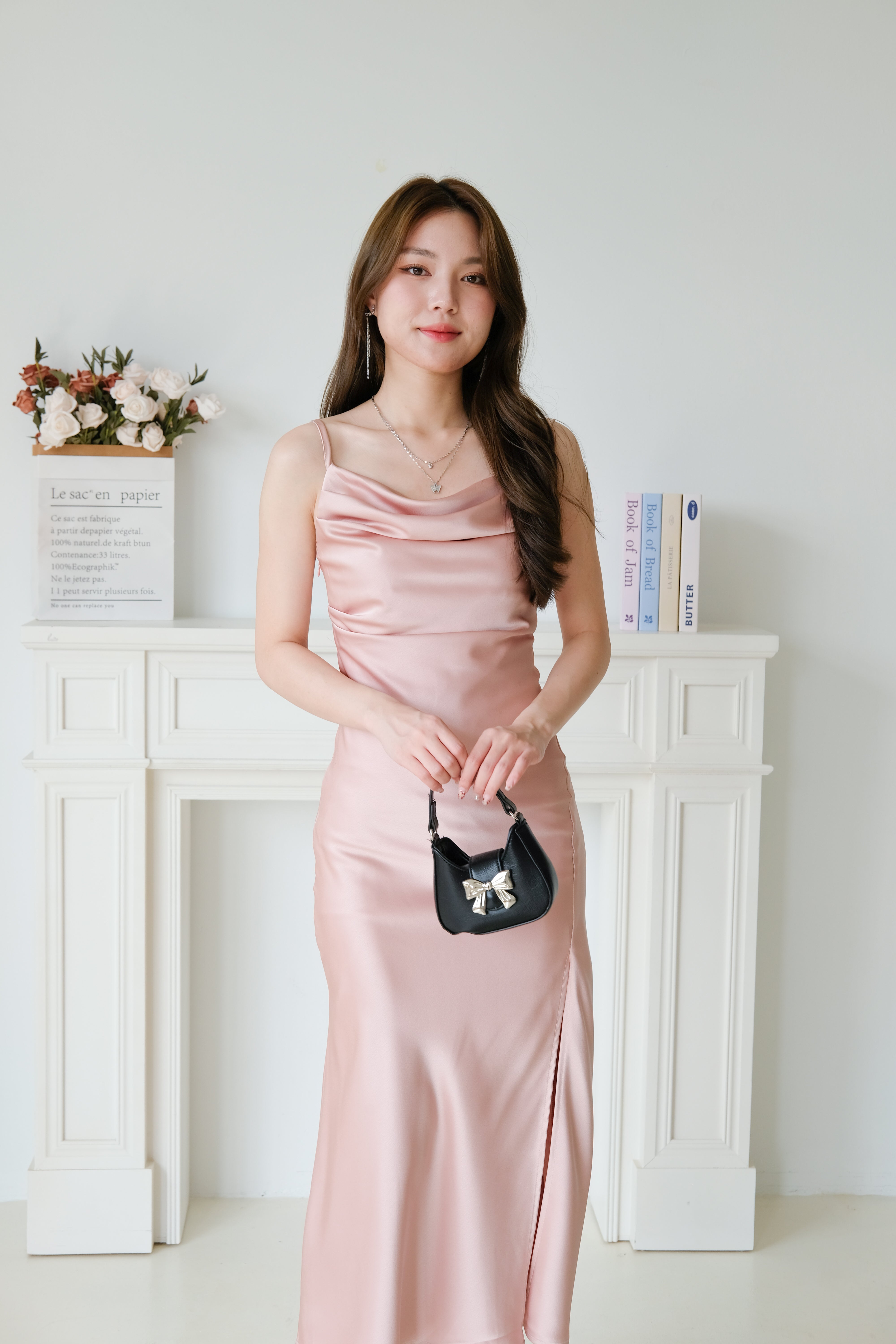 Angel Draped Mermaid Satin Midi Dress (Dusty Pink)