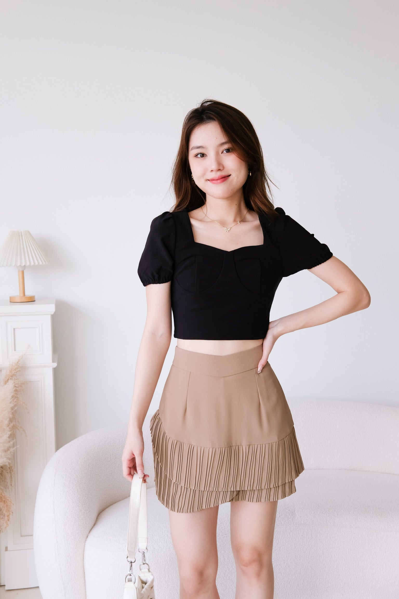 Shea Irregular Pleated Skirt (Khaki)