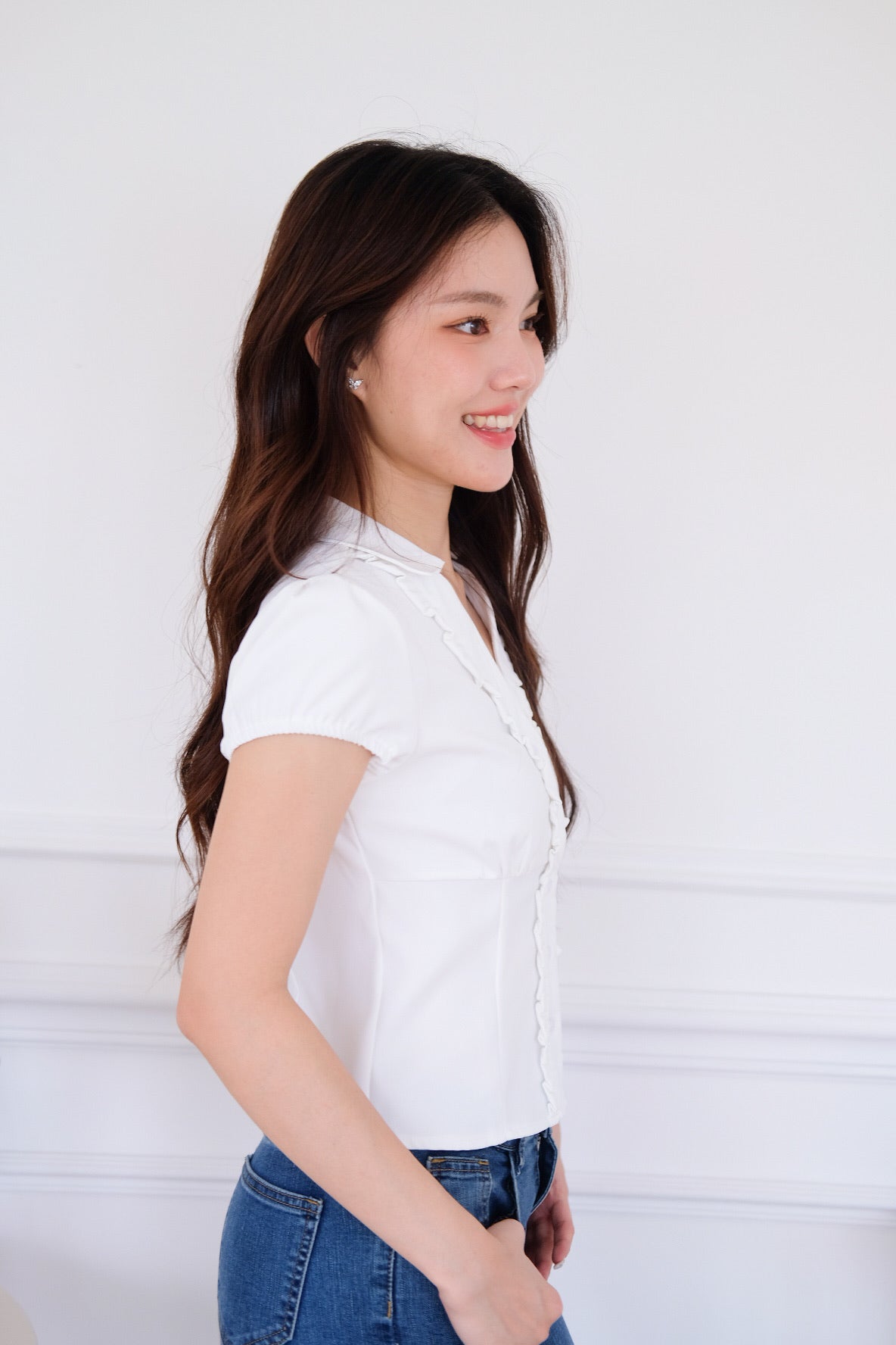 Marais Collared Ruffle Blouse Top (White)