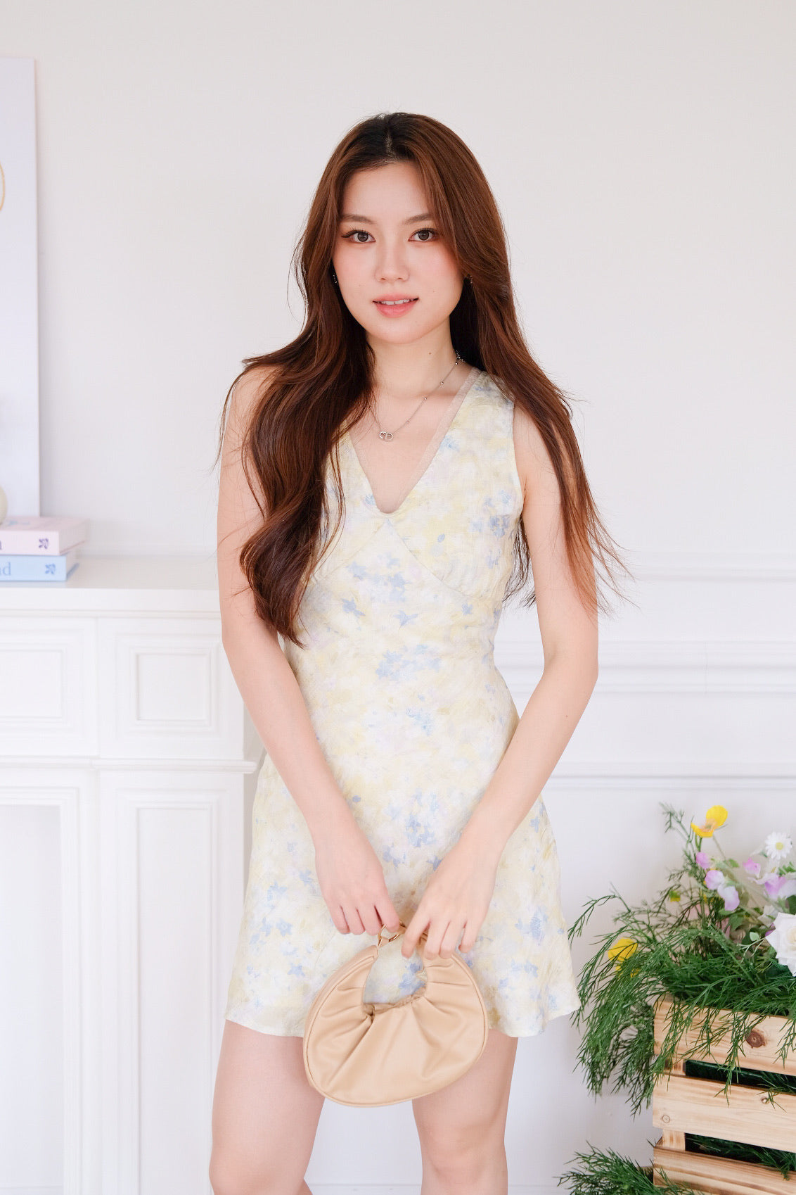 Lila V Neck Mini Dress (Light Yellow)