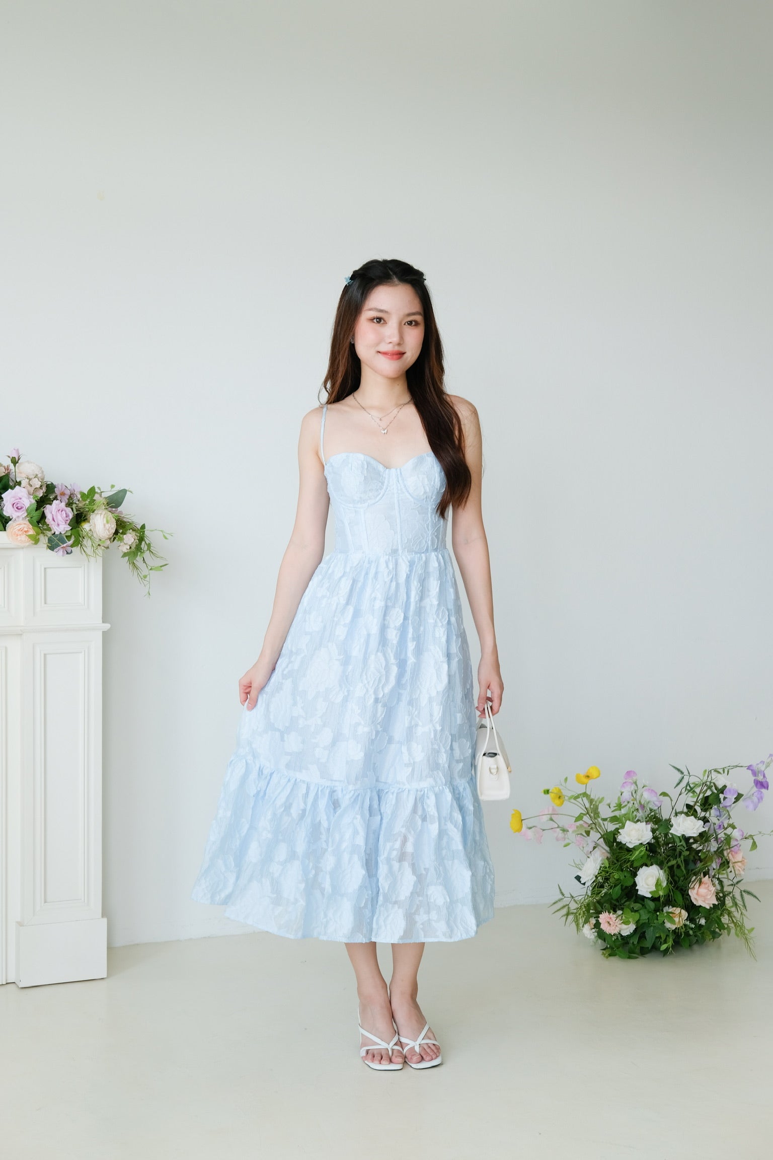 Natalia Floral Organza Midaxi Dress (Sea Blue)