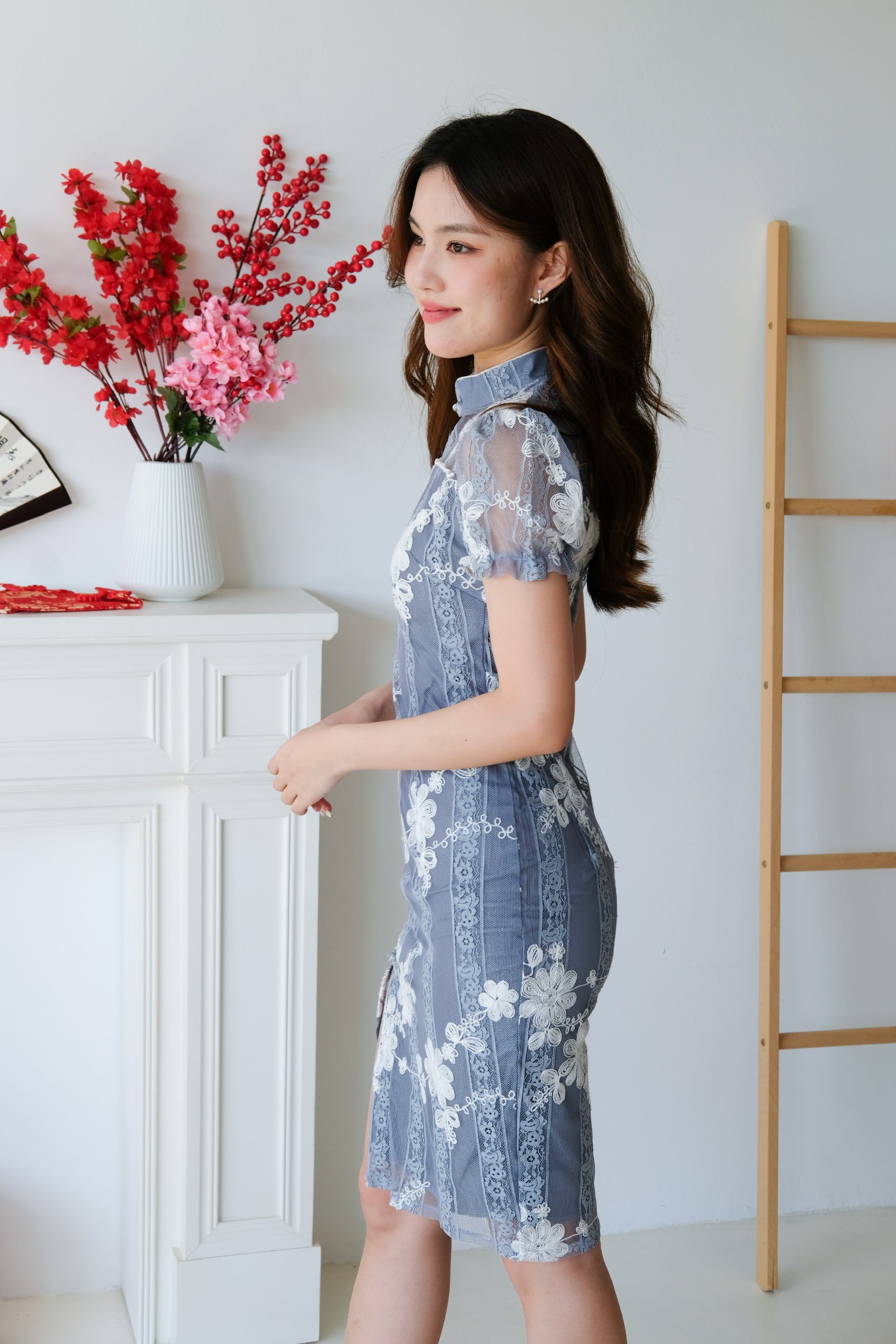 Huey Lace Cheongsam Dress (Dusty Blue)