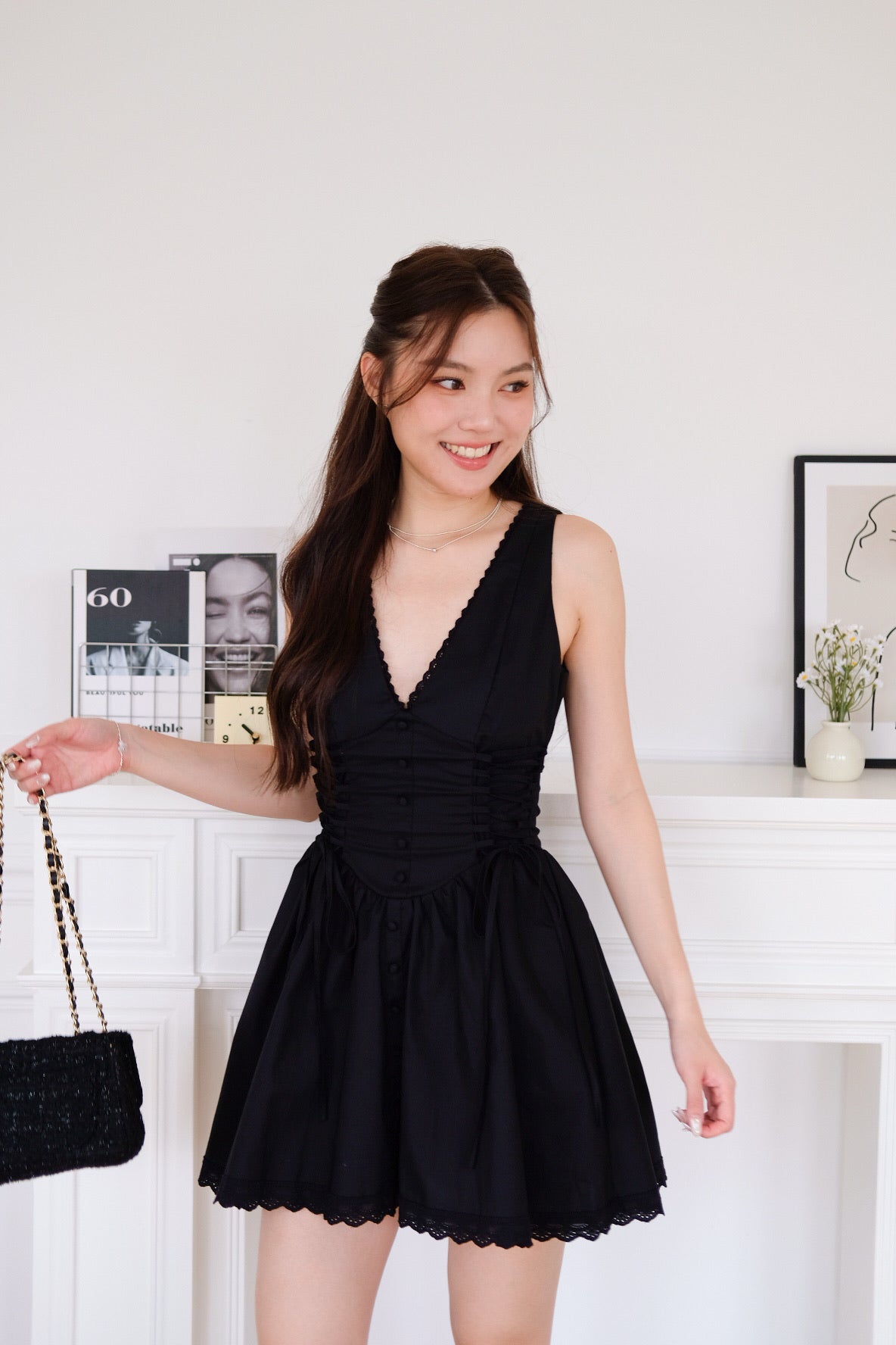 Elaine Lace Up Skater Dress (Black) [ETA 10 Sept]