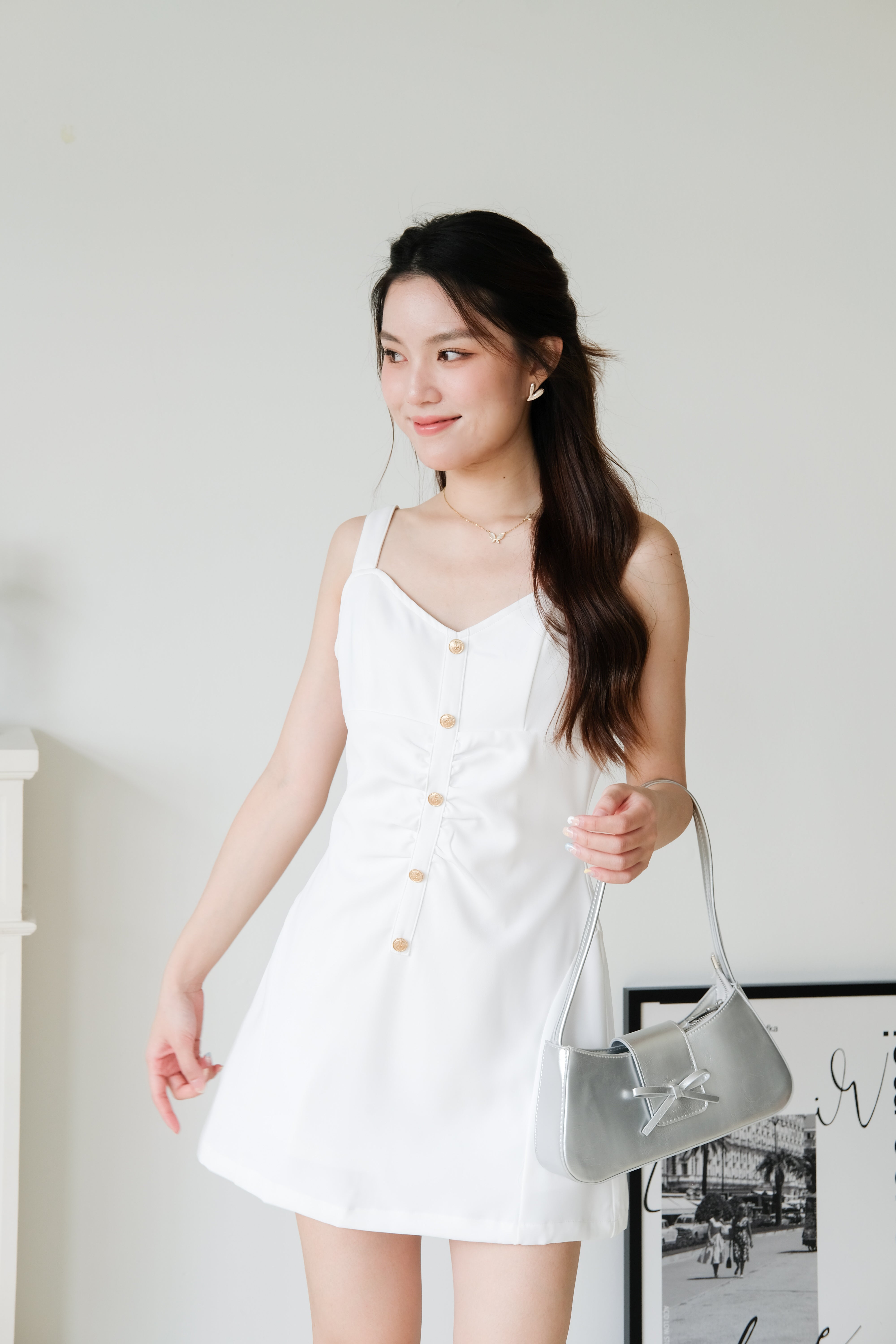 Kailey Vintage Button Dress (White)