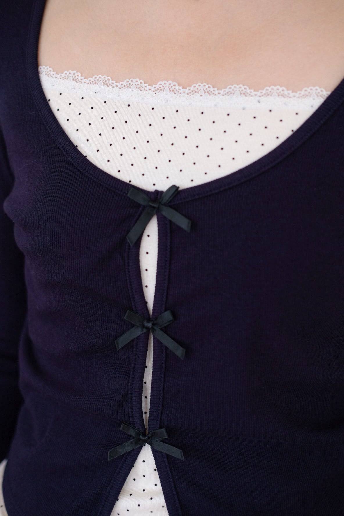 Ahyeon Contrast Polka Long Sleeve Top (Navy Blue)