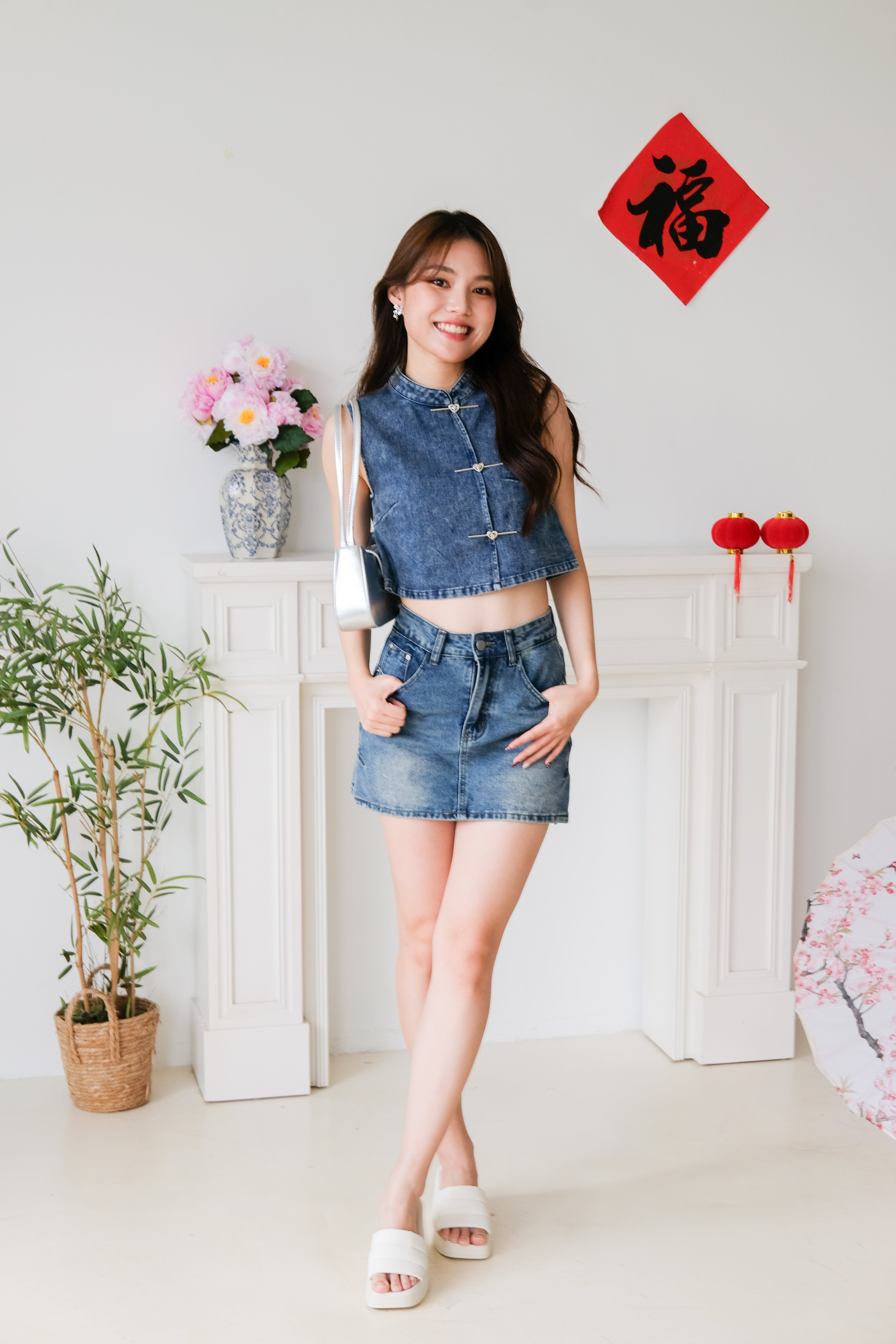 Andrea Denim Cheongsam Crop (Dark Blue)