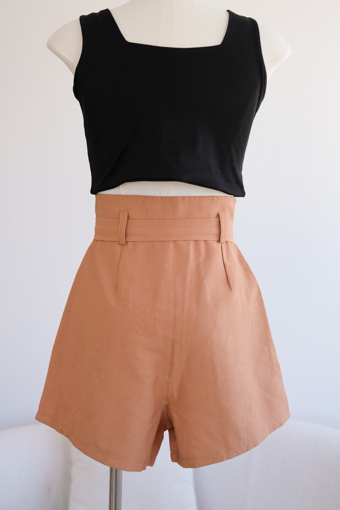 Khaki Self-Tie Ribbon A-Line Shorts