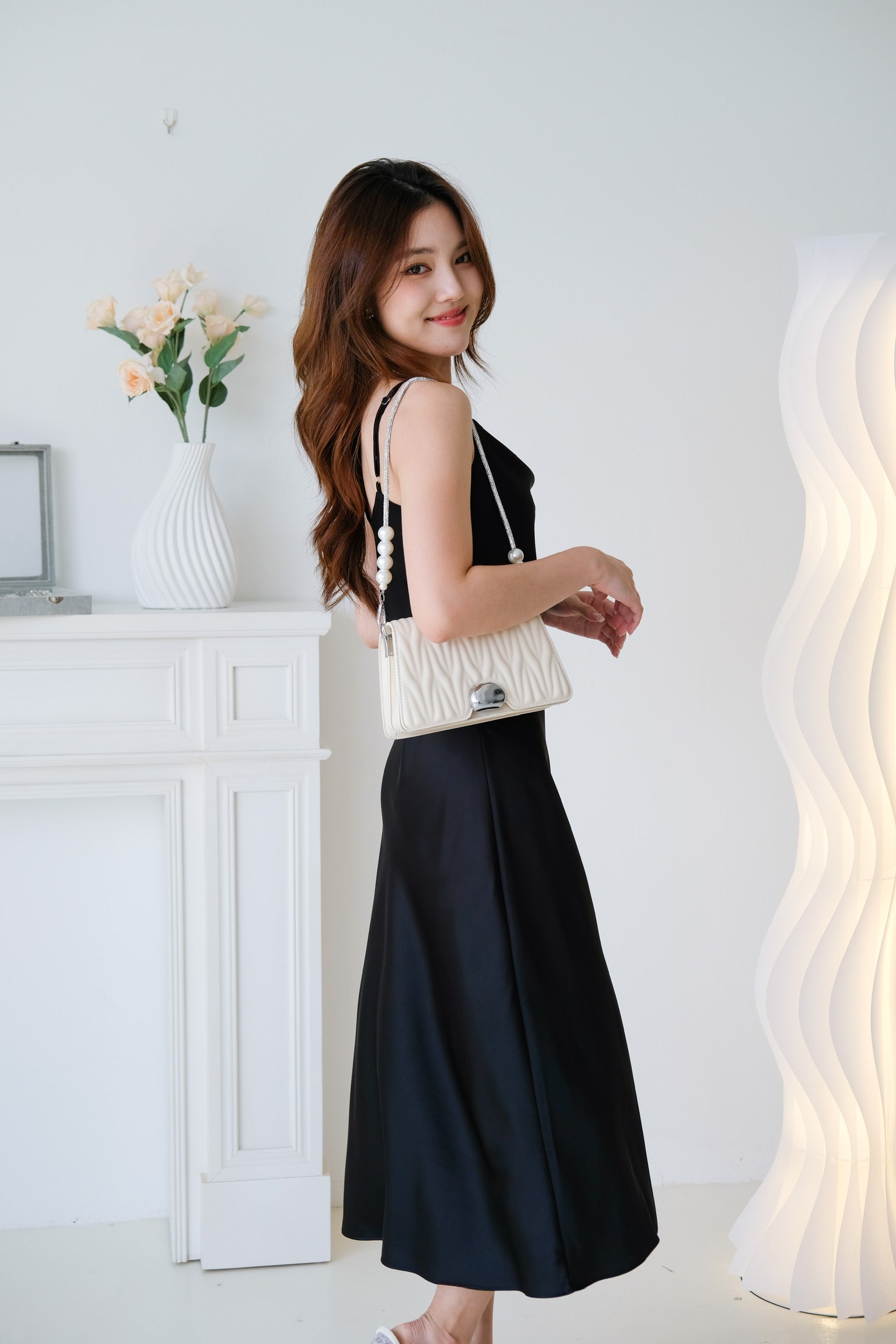 Elara Draped Satin Slip Dress (Black)