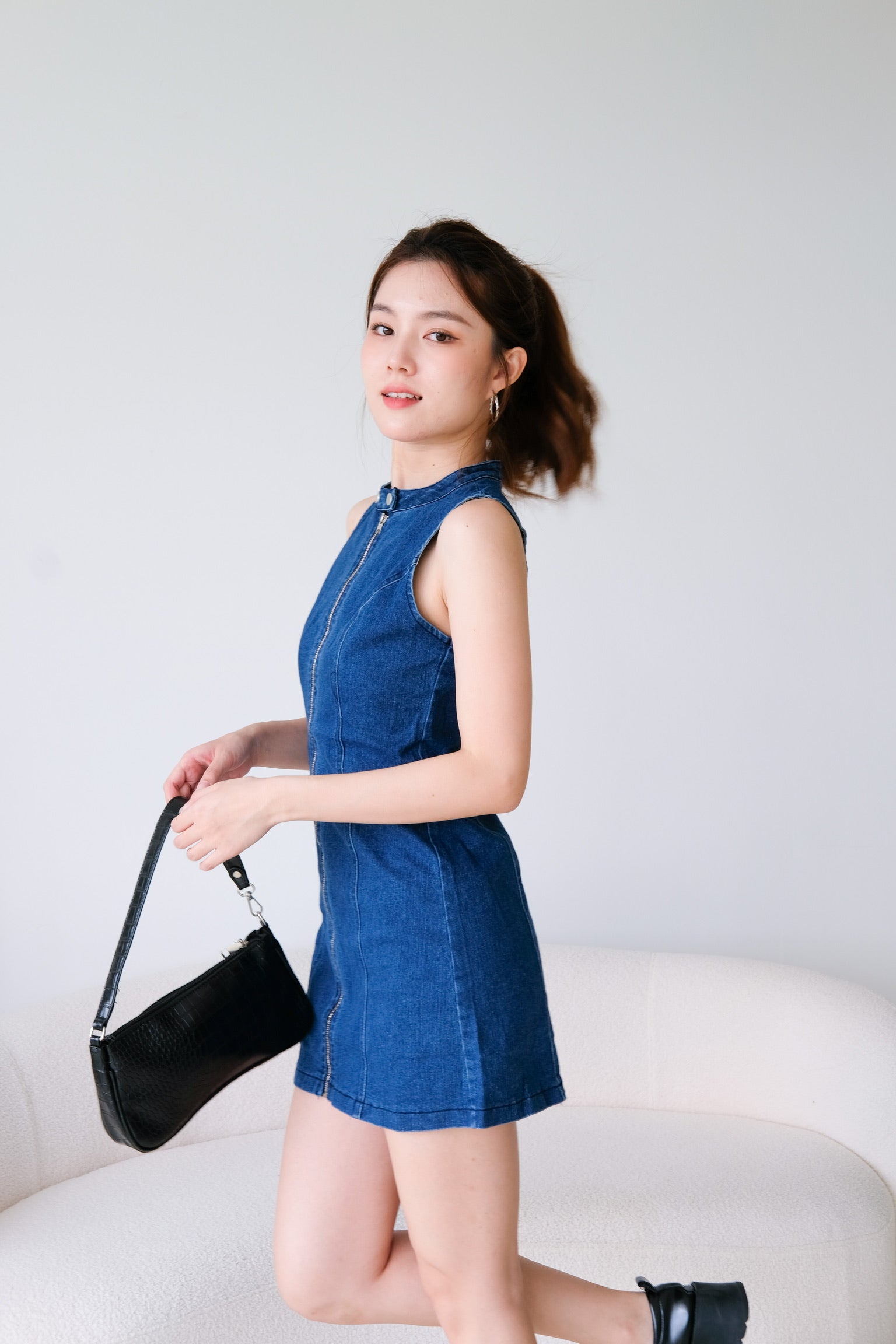 Joee High Neck Denim Dress (Dark Denim)