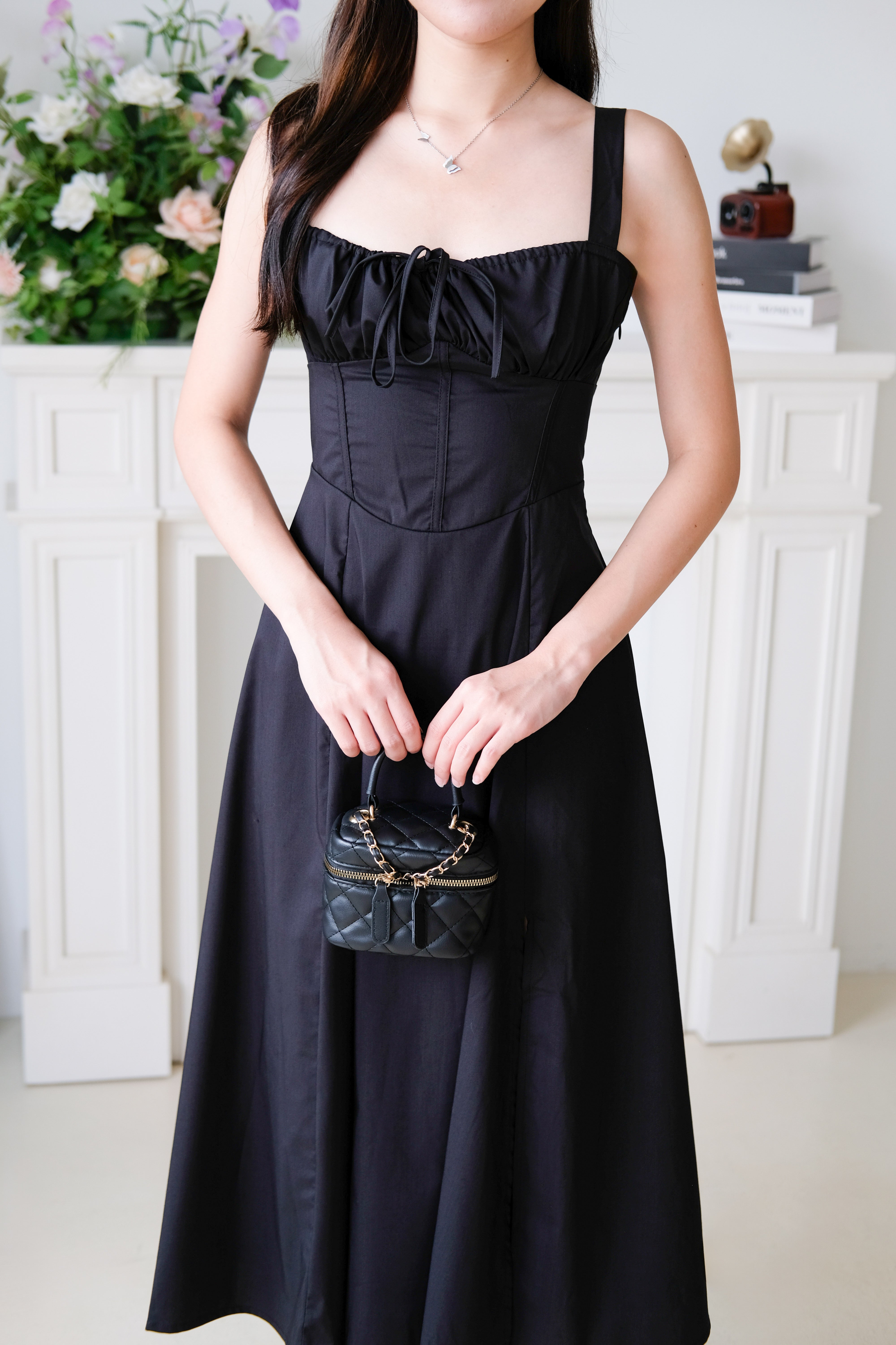 Claire Ruched Slit Midaxi Dress (Black)