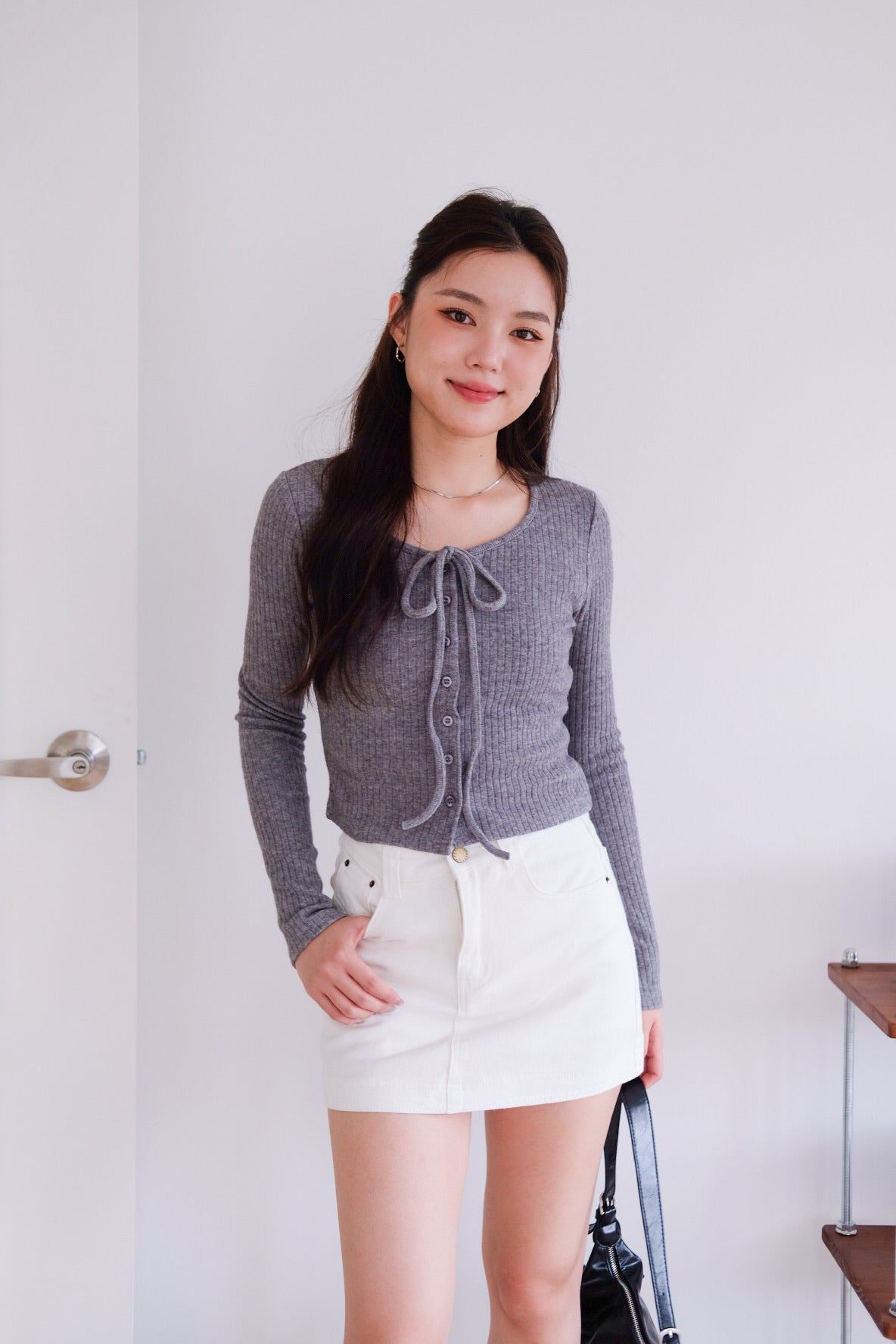 Coco Ribbon Long Sleeve Knit Top (Grey)