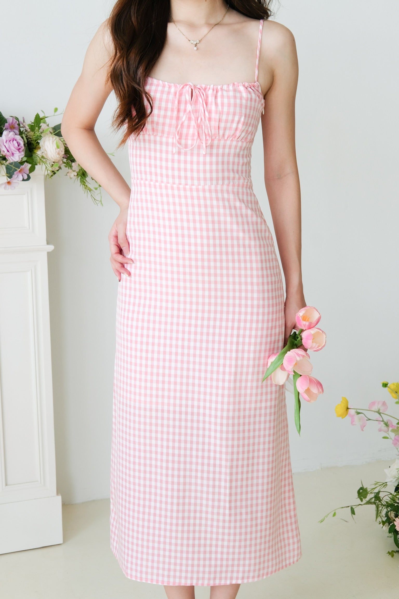 Veronnie Ruched Plaid Midi Dress (Pink)