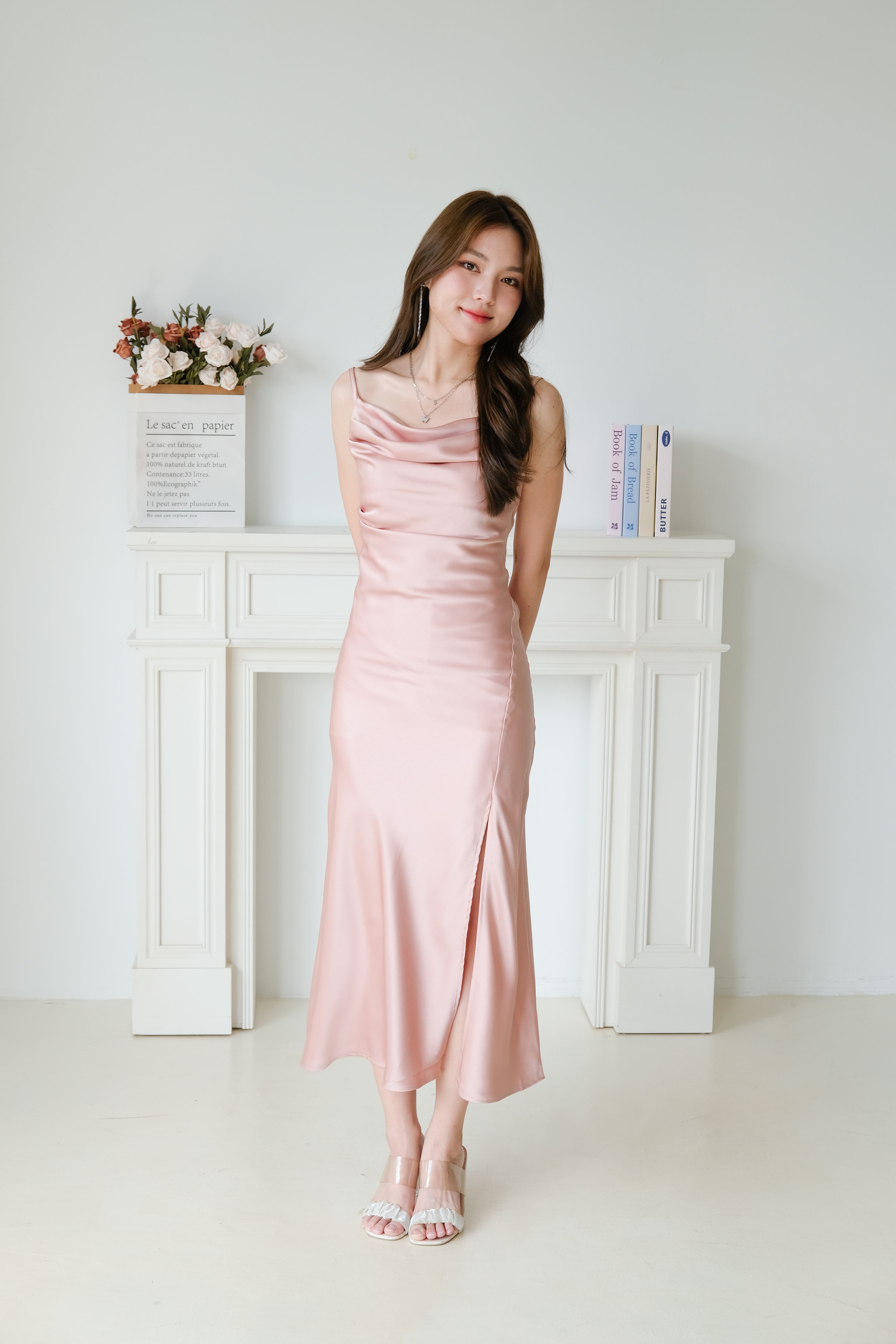 Angel Draped Mermaid Satin Midi Dress (Dusty Pink)