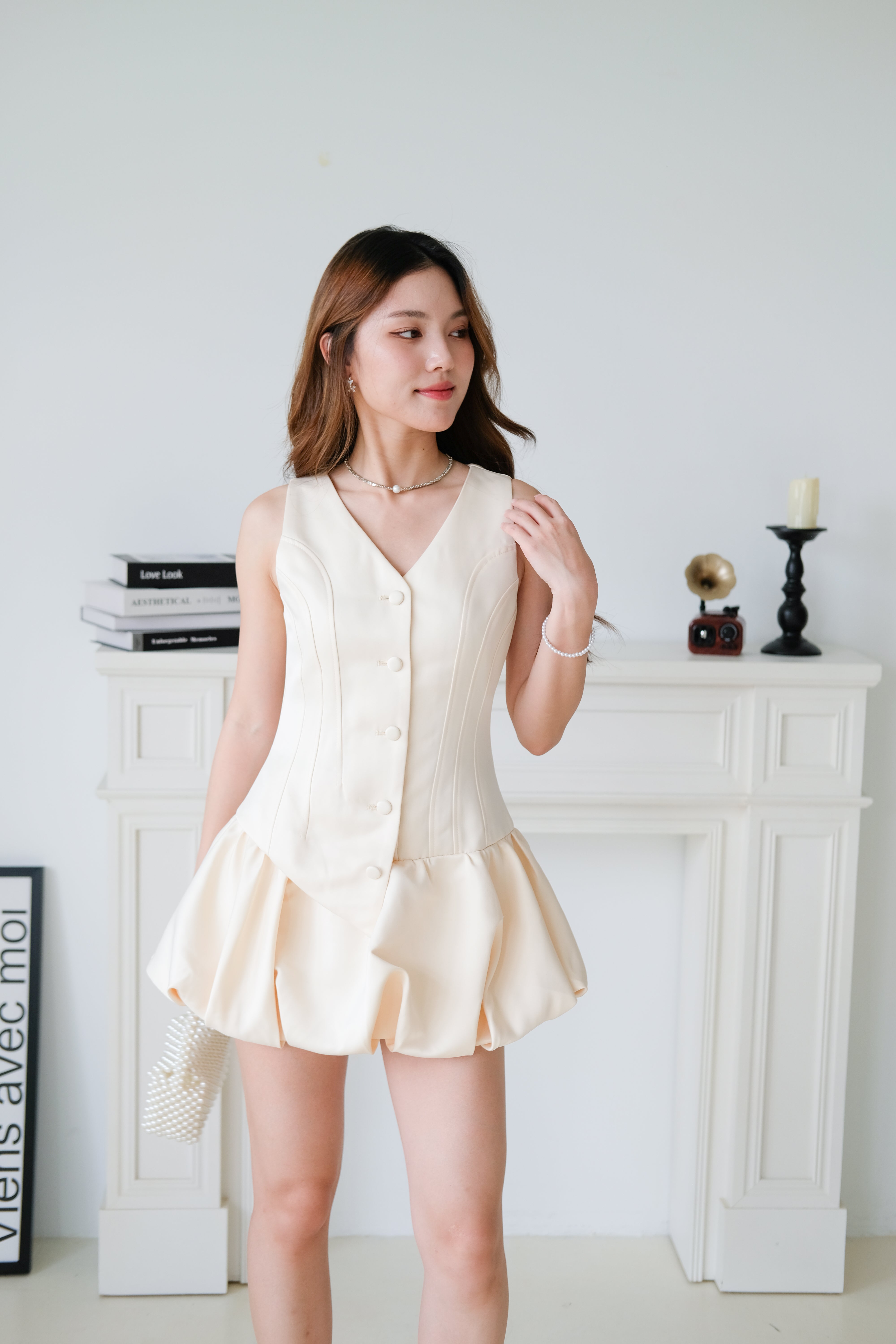Elise Sculpted Bubble Dress (Beige)