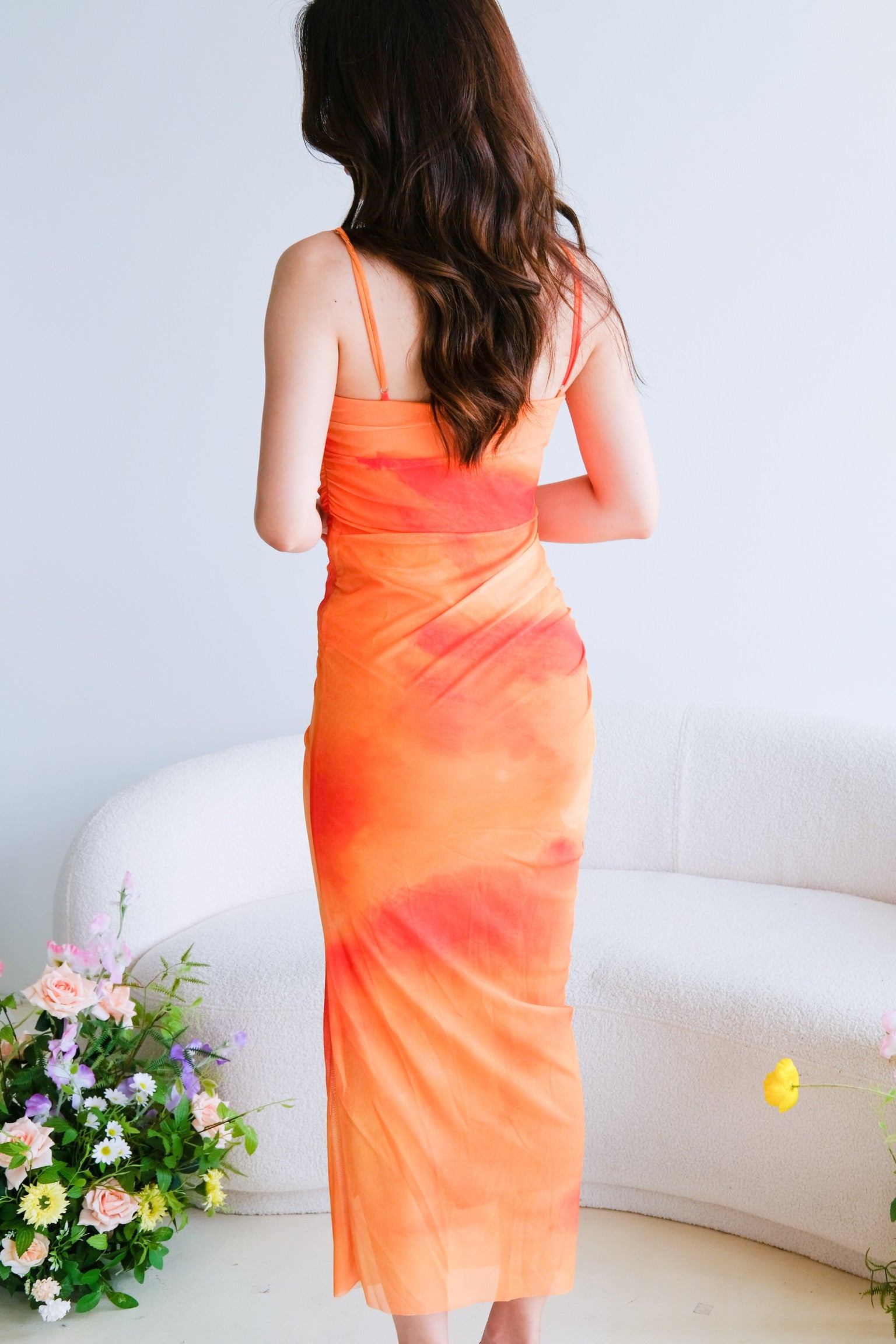 Lindsay Ombre Cowl Mesh Dress (Tangerine)