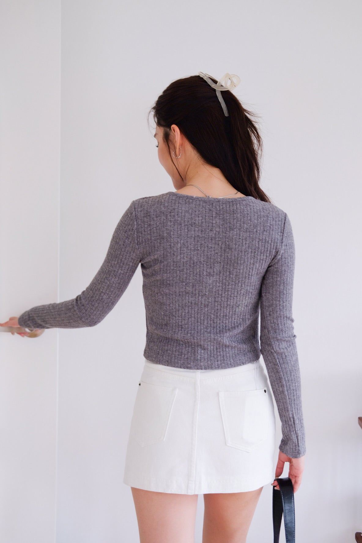 Coco Ribbon Long Sleeve Knit Top (Grey)