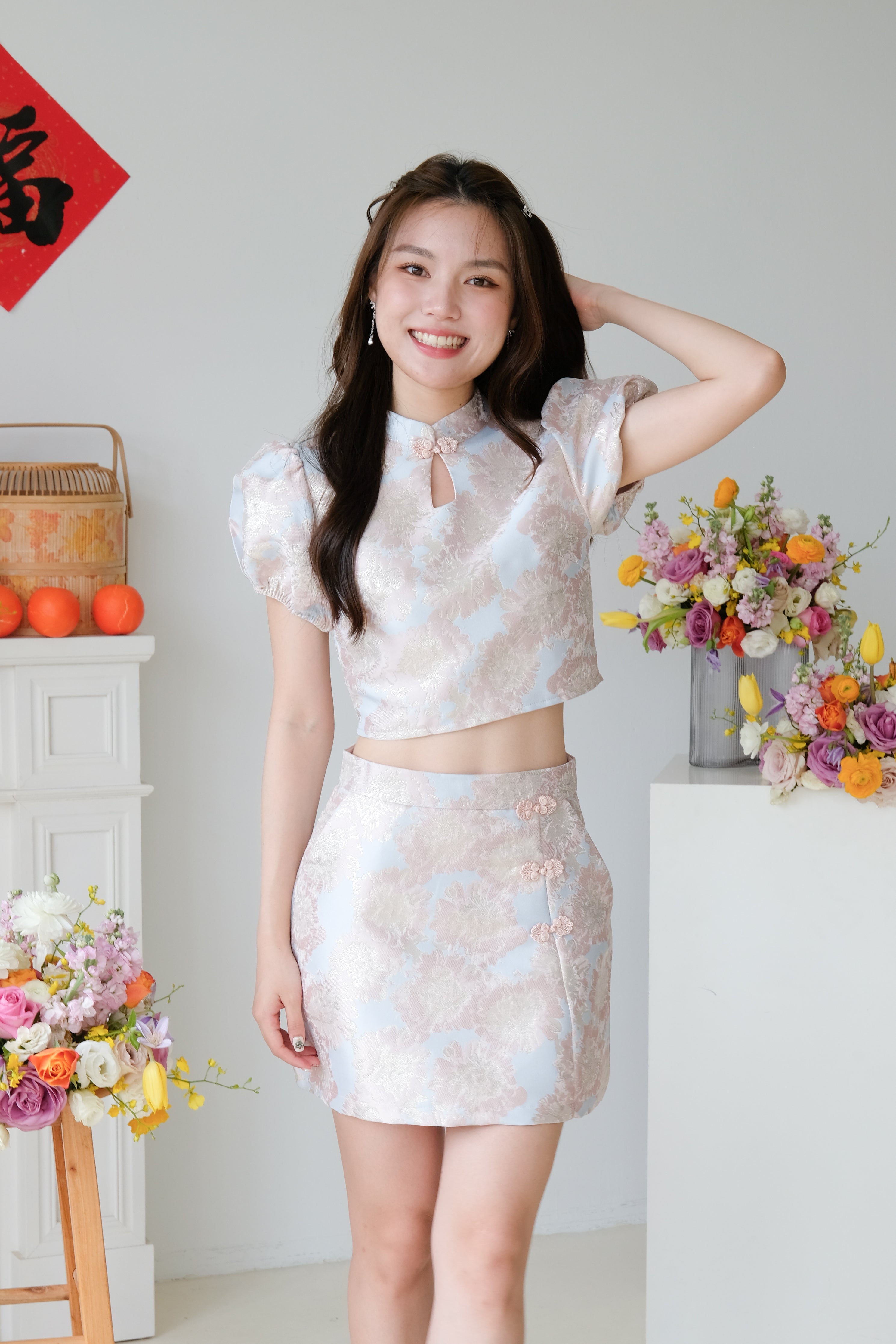 Spring Modern Cheongsam Set (Pinkish Blue)