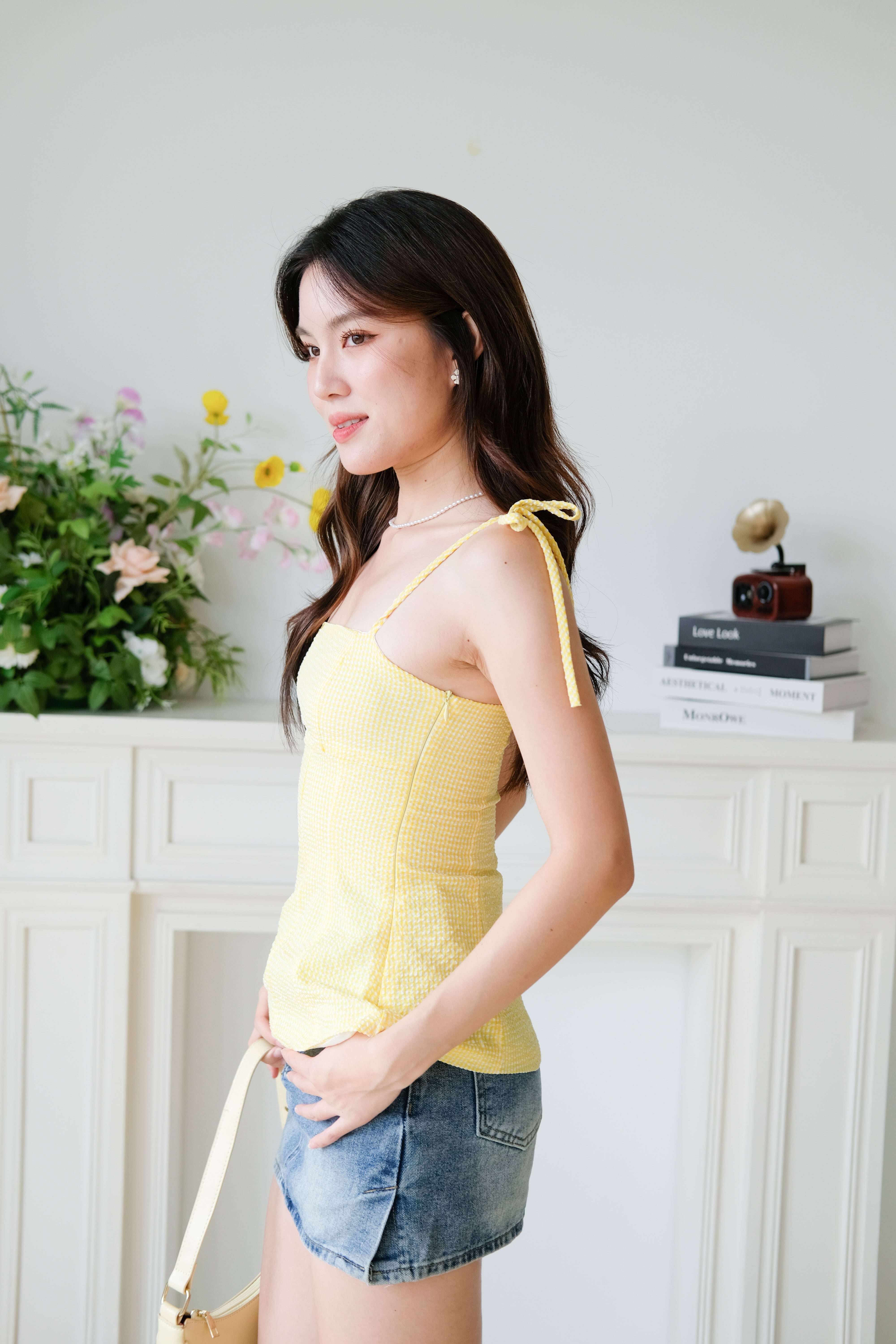 Marilyn Self Tie Ribbon Top (Gingham Yellow)