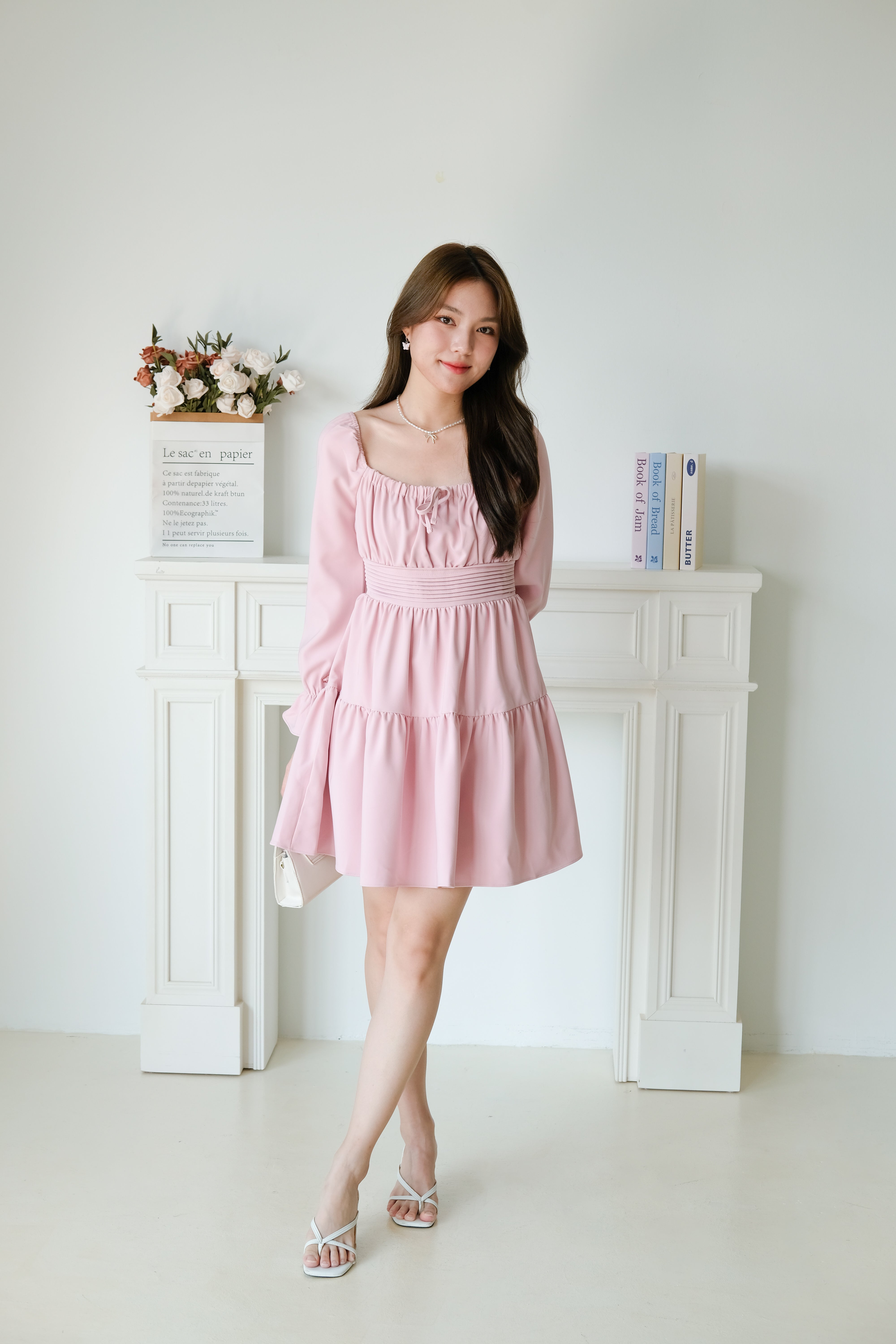 Destiny Ruched Long Sleeves Dress (Pink)