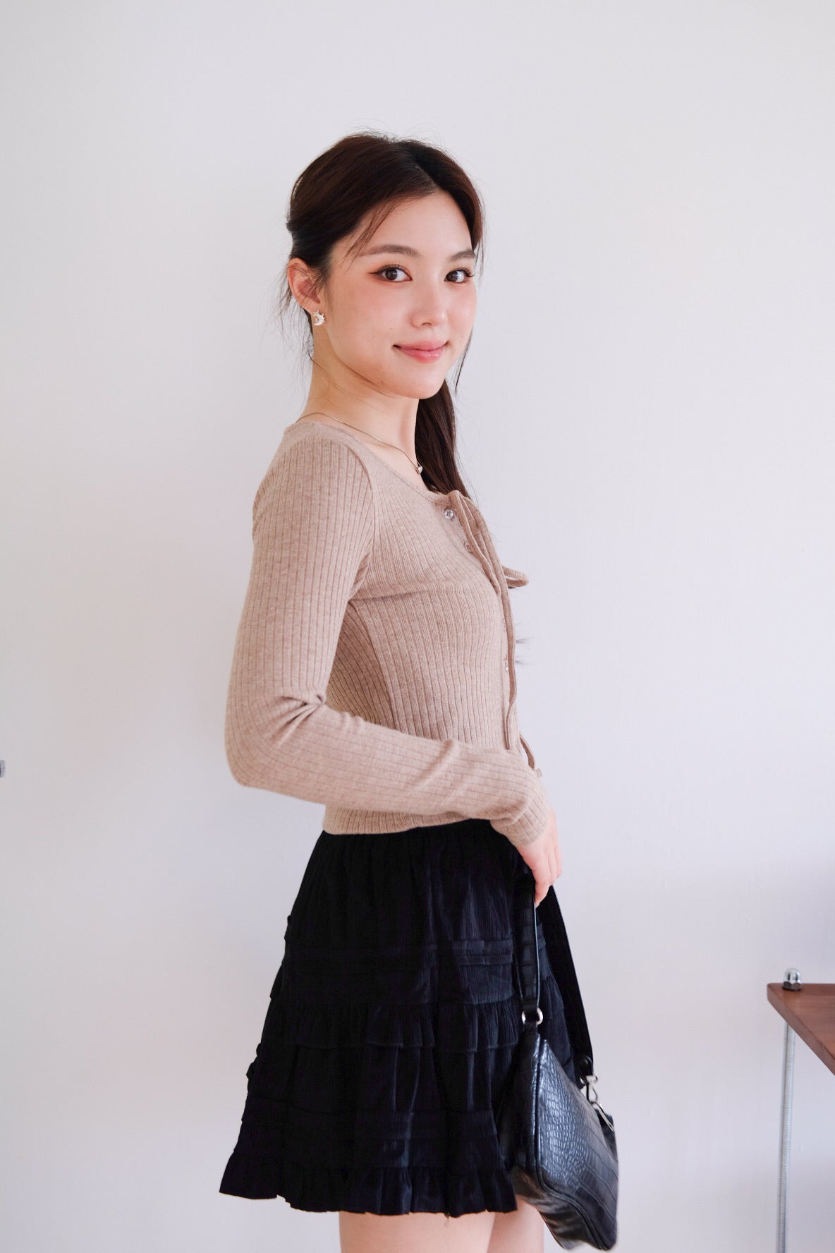 Coco Ribbon Long Sleeve Knit Top (Light Brown)