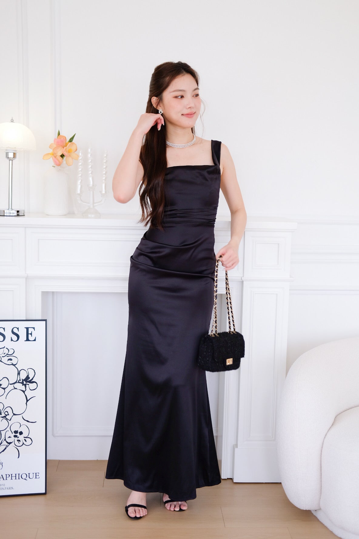 Ophelia Satin Mermaid Maxi Dress (Black)