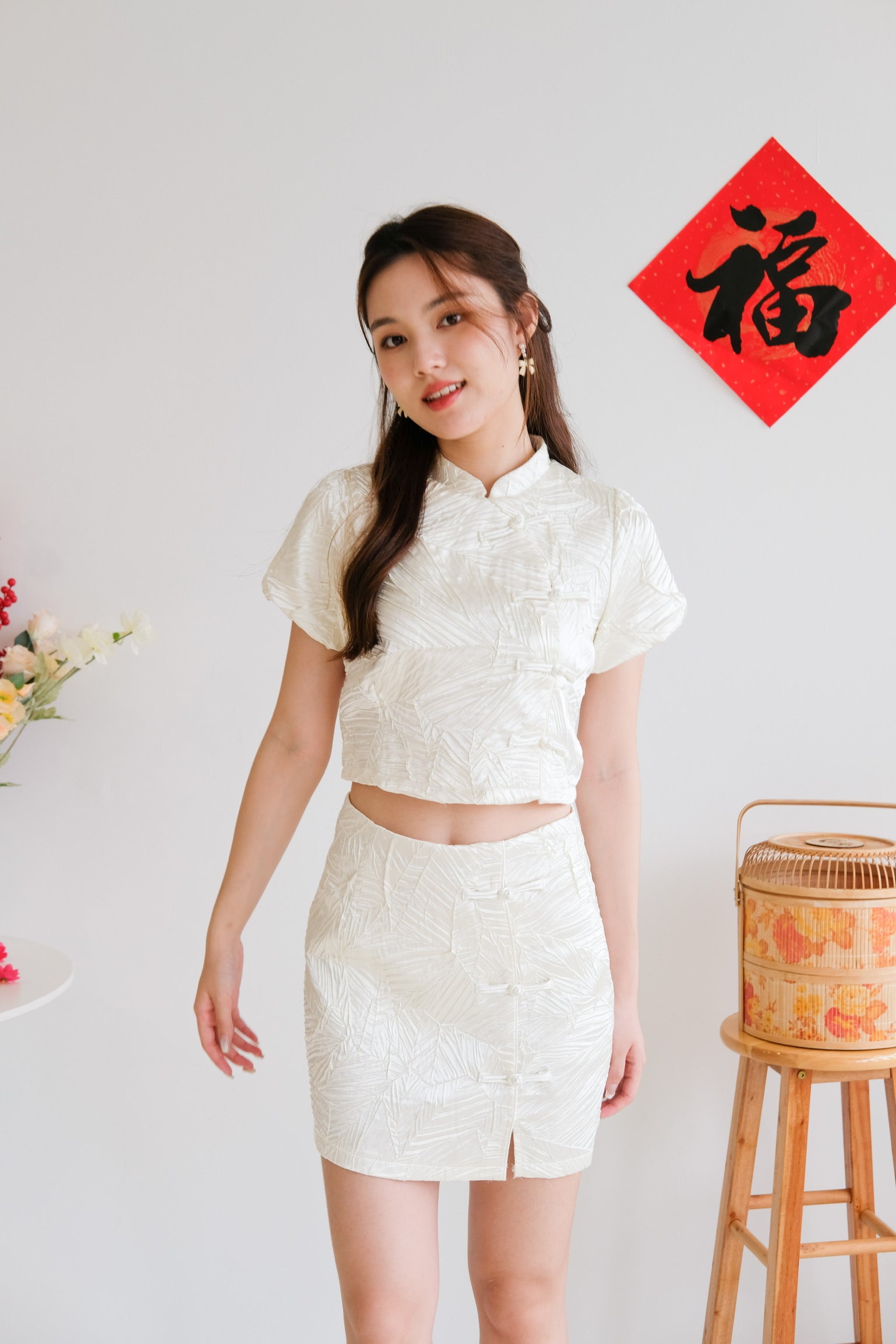 Harmony Textured Cheongsam Set (Pale Yellow)