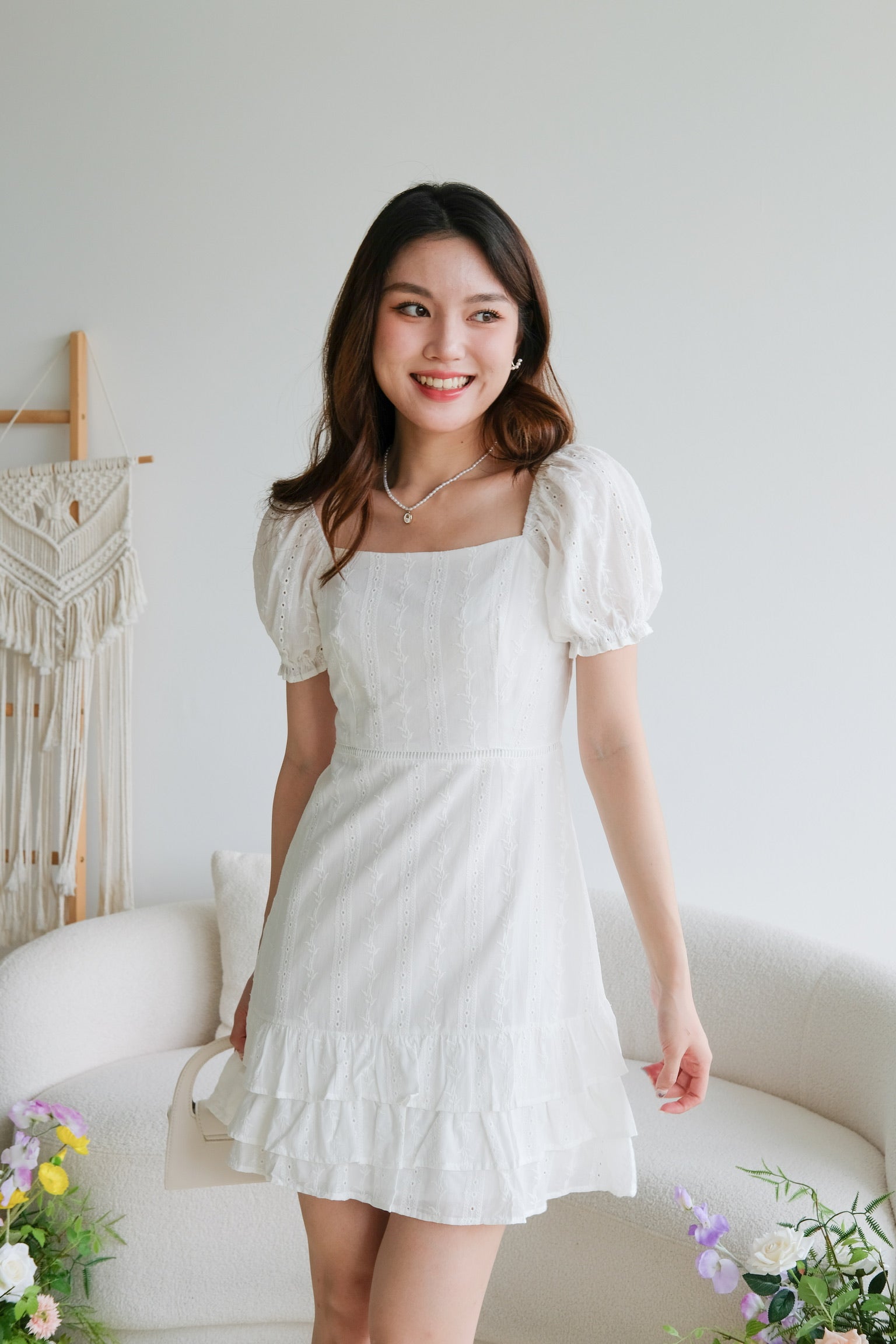 Evelyn Eyelet Ruffle Dress (White)