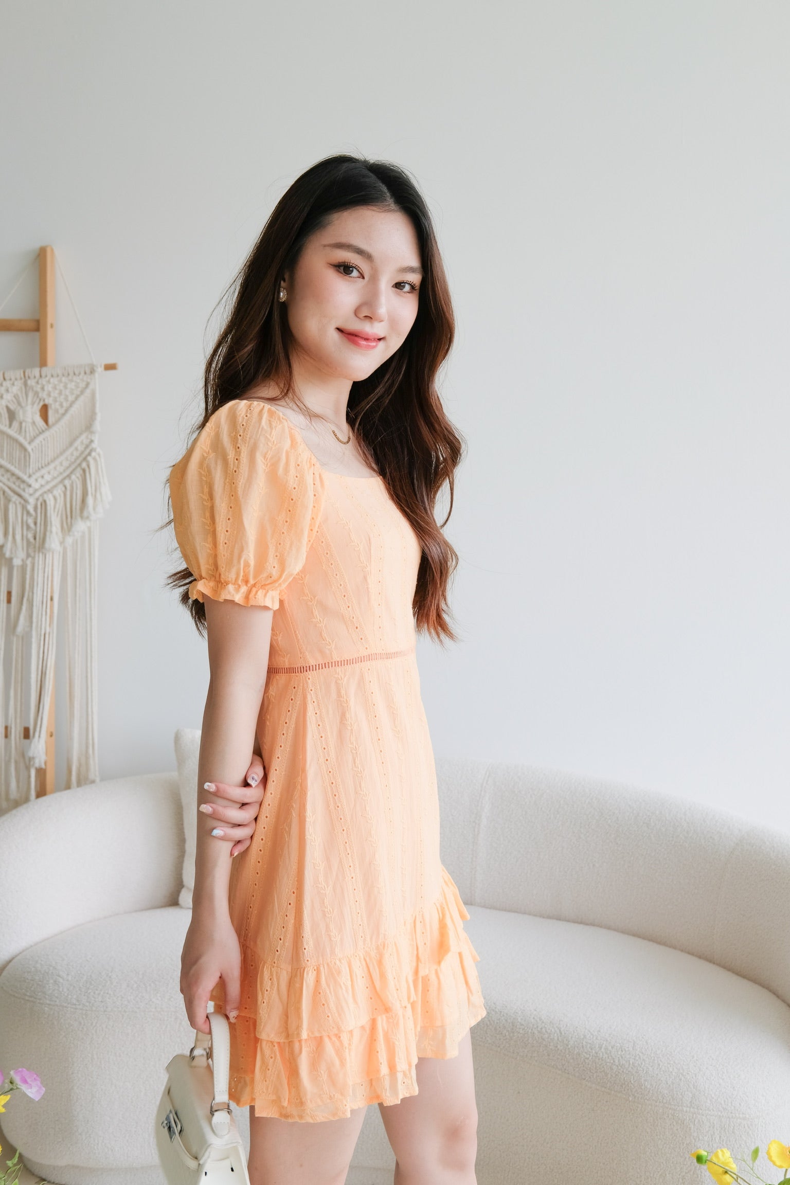 Evelyn Eyelet Ruffle Dress (Tangerine Orange)